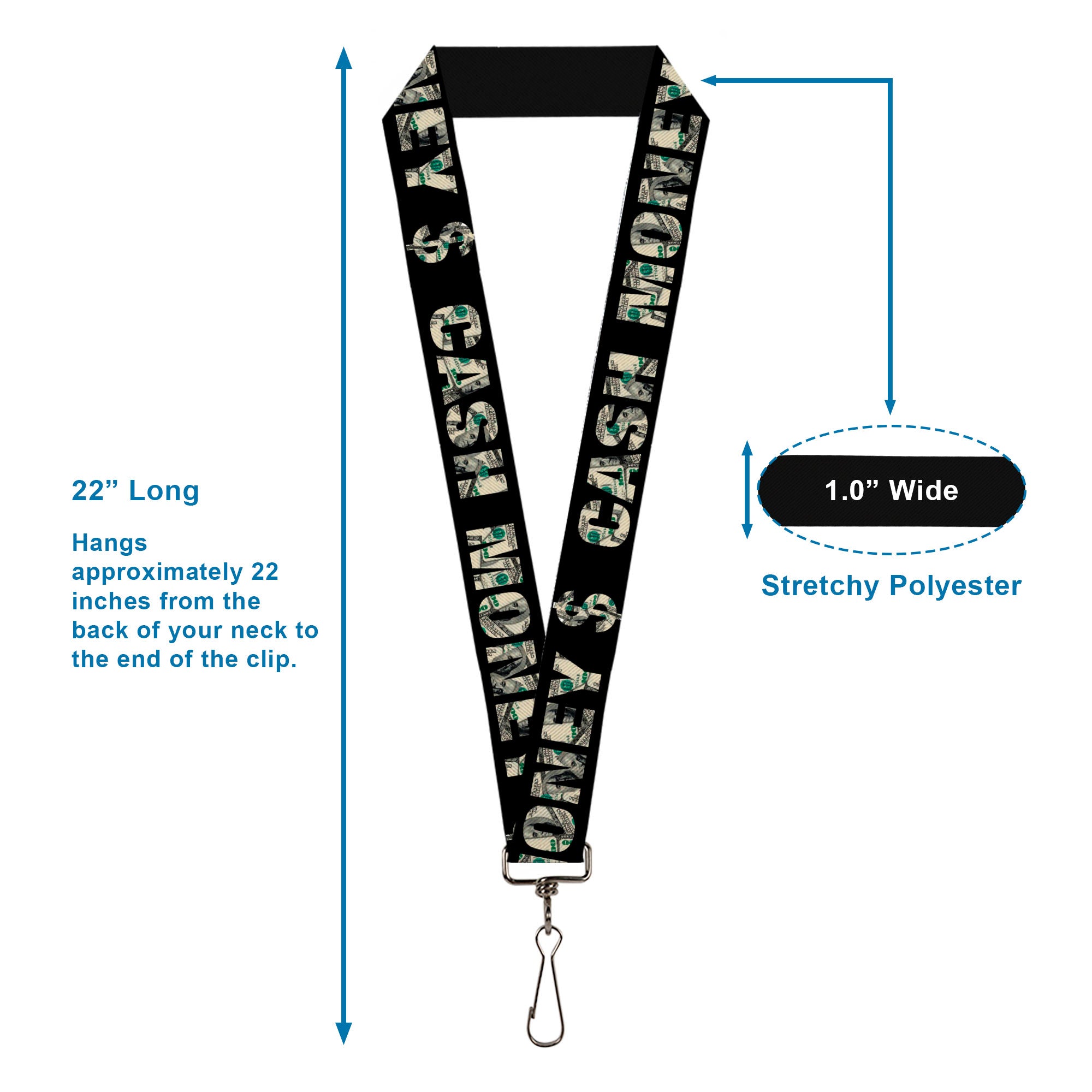 Lanyard - 1.0" - CASH MONEY $ Black Dollars Lanyards Buckle-Down