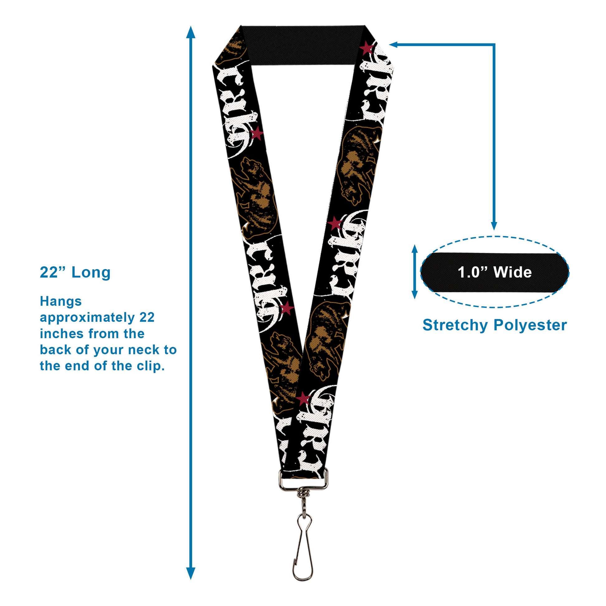 Lanyard - 1.0" - CALI w Grizzly Bear Lanyards Buckle-Down