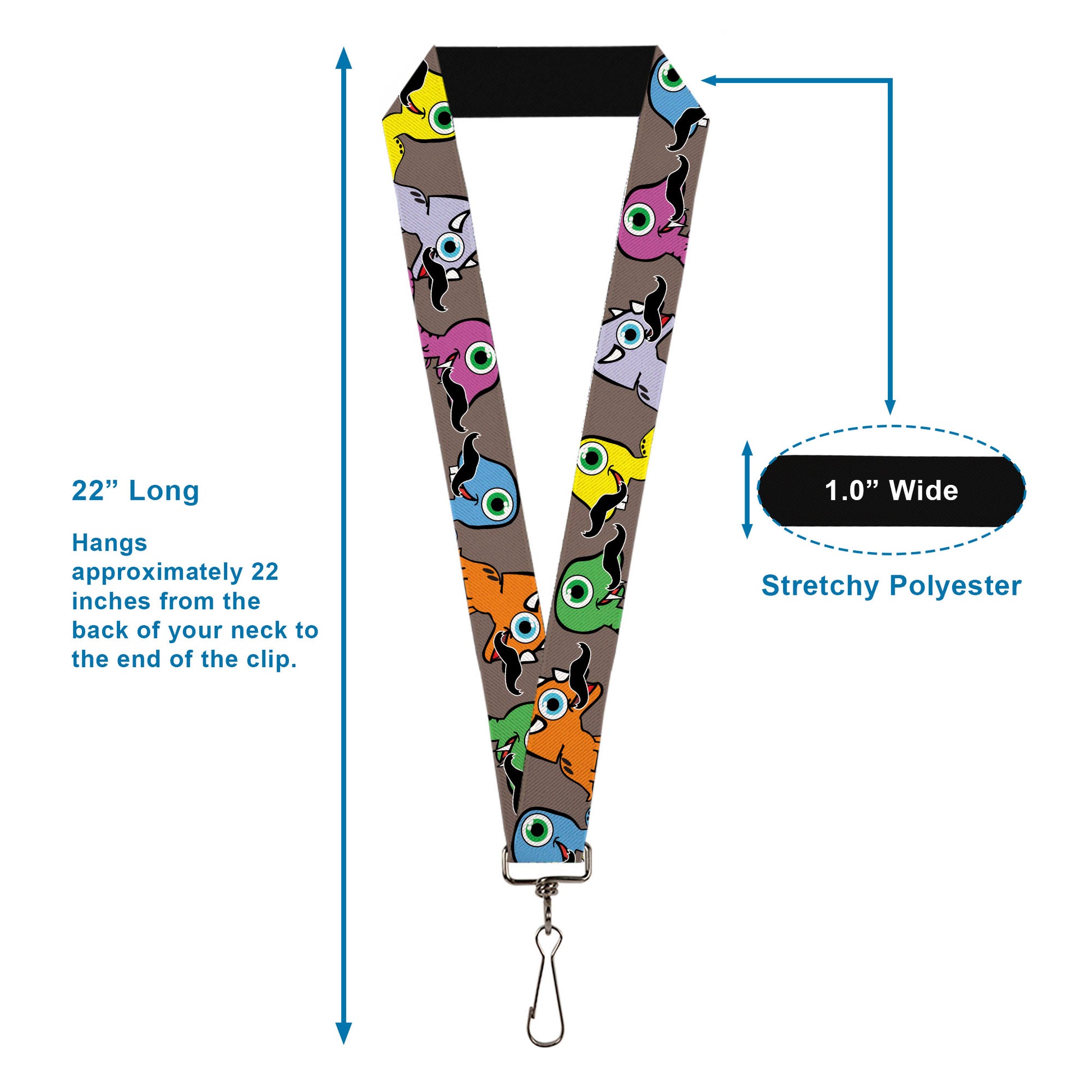 Lanyard - 1.0" - Cute Dinosaurs w Mustaches Gray Lanyards Buckle-Down