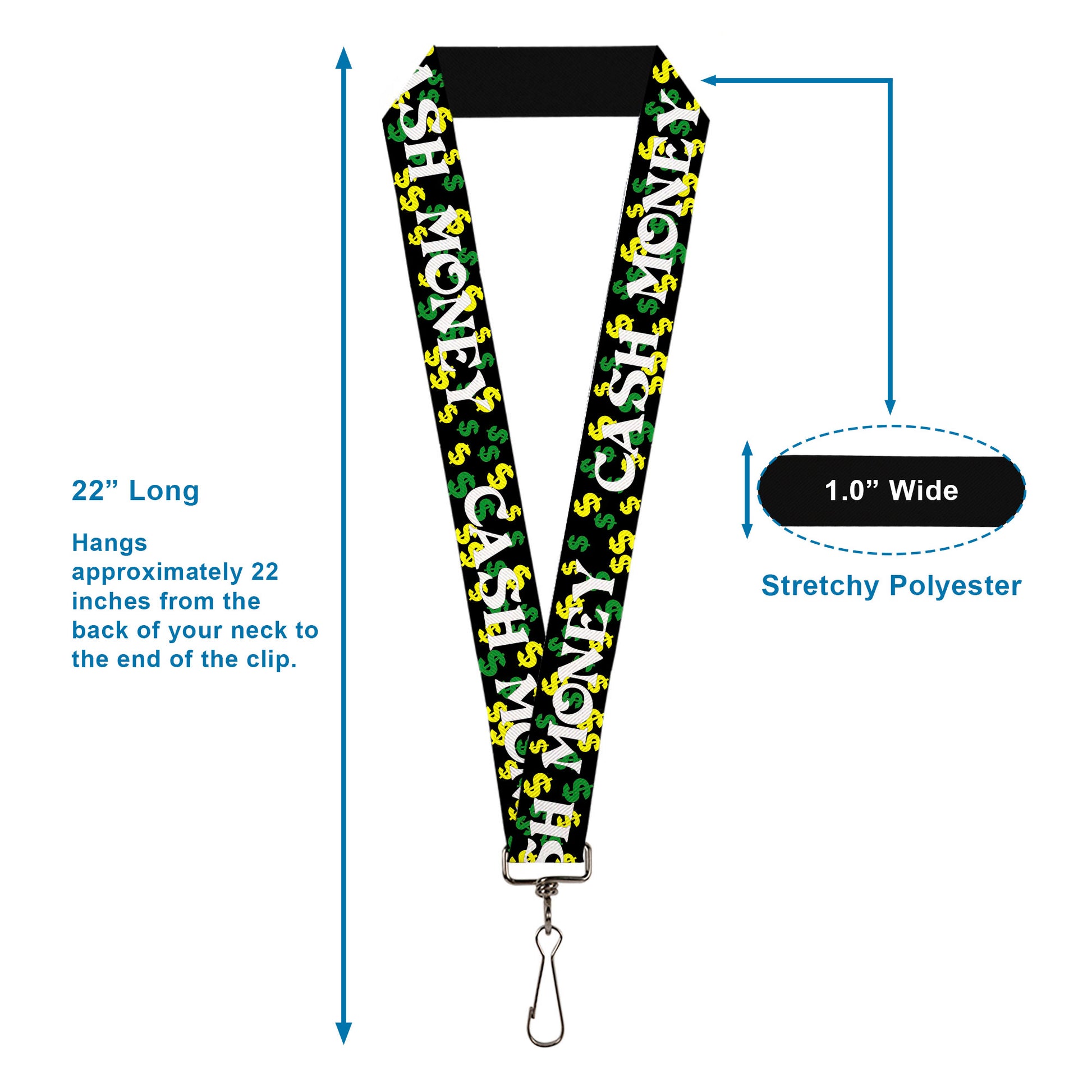 Lanyard - 1.0" - CASH MONEY w $$$ Black White Yellow Green Lanyards Buckle-Down