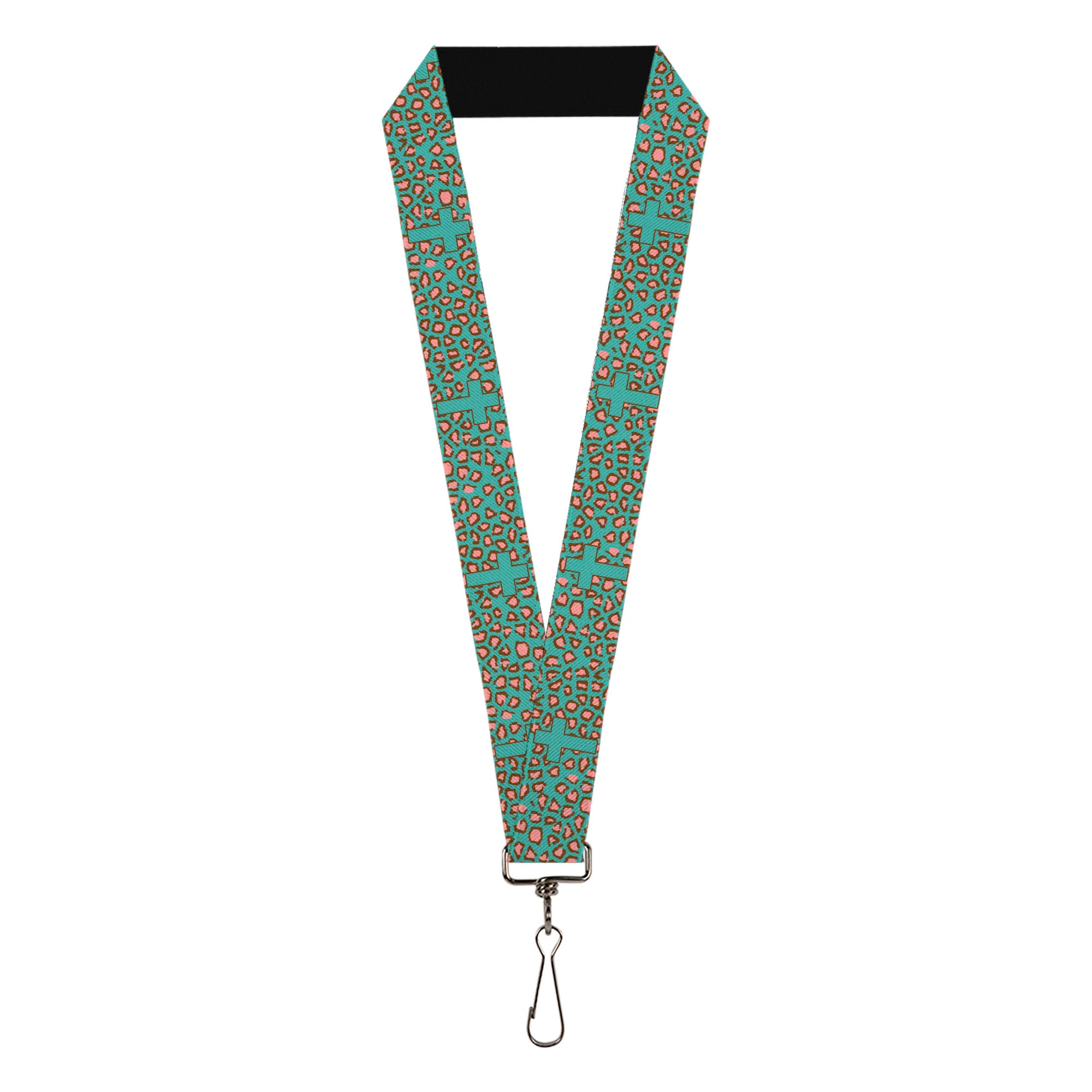 Lanyard - 1.0" - Cross Repeat Leopard Turquoise Pink Lanyards Buckle-Down