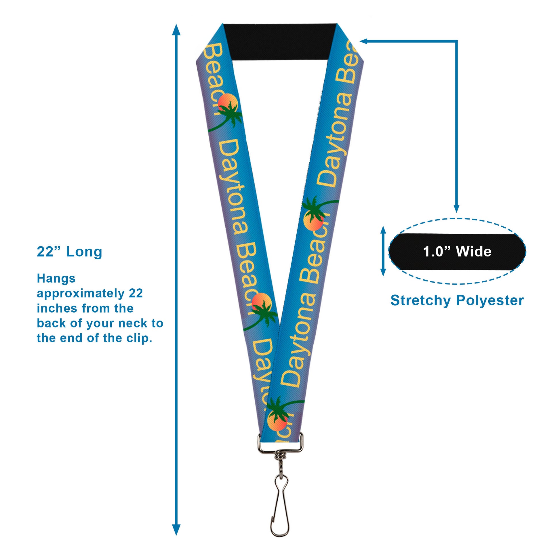 Lanyard - 1.0" - DAYTON BEACH Script Sun Palm Trees Blue Fade Yellow Oranges Green Lanyards Buckle-Down