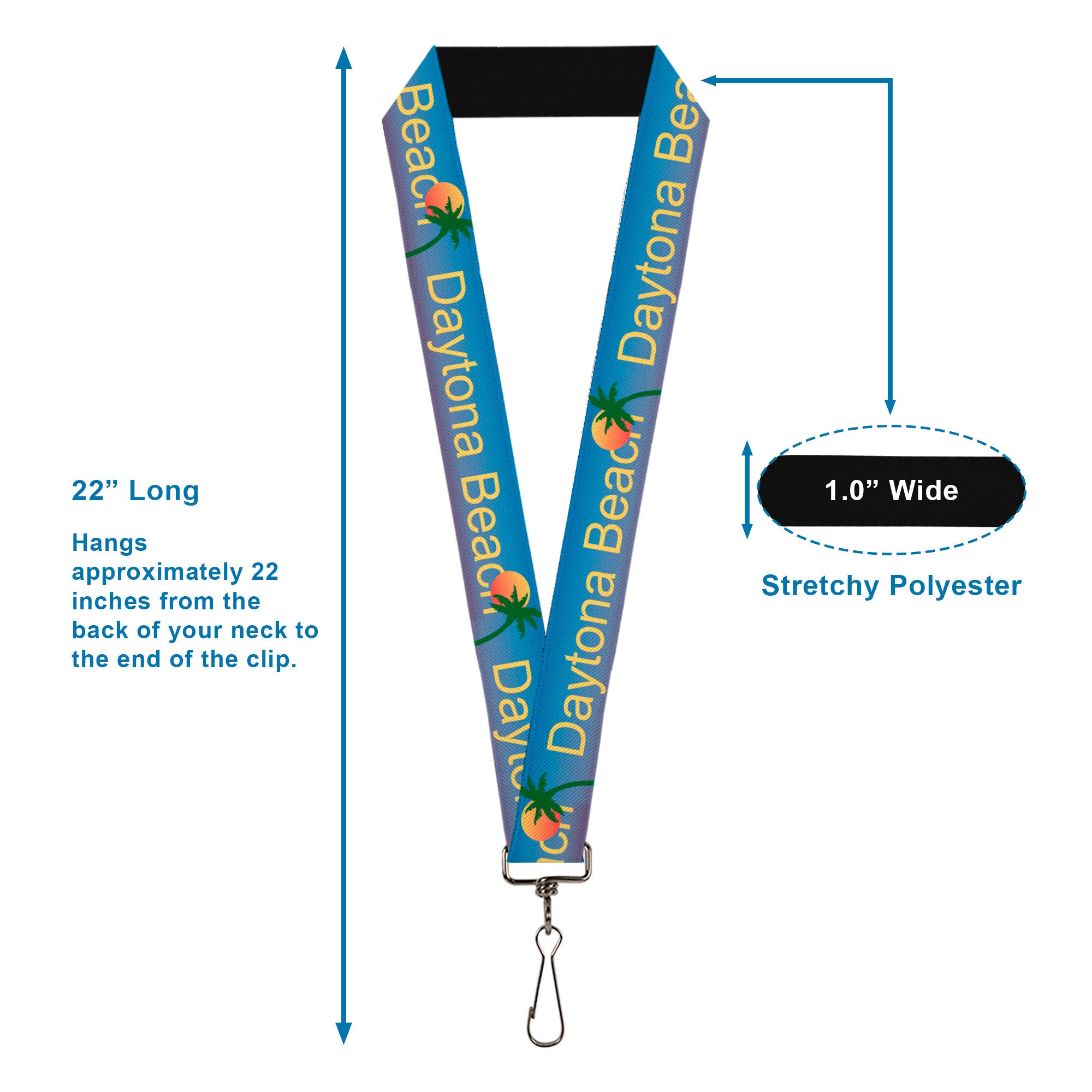 Lanyard - 1.0" - DAYTON BEACH Script Sun Palm Trees Blue Fade Yellow Oranges Green Lanyards Buckle-Down