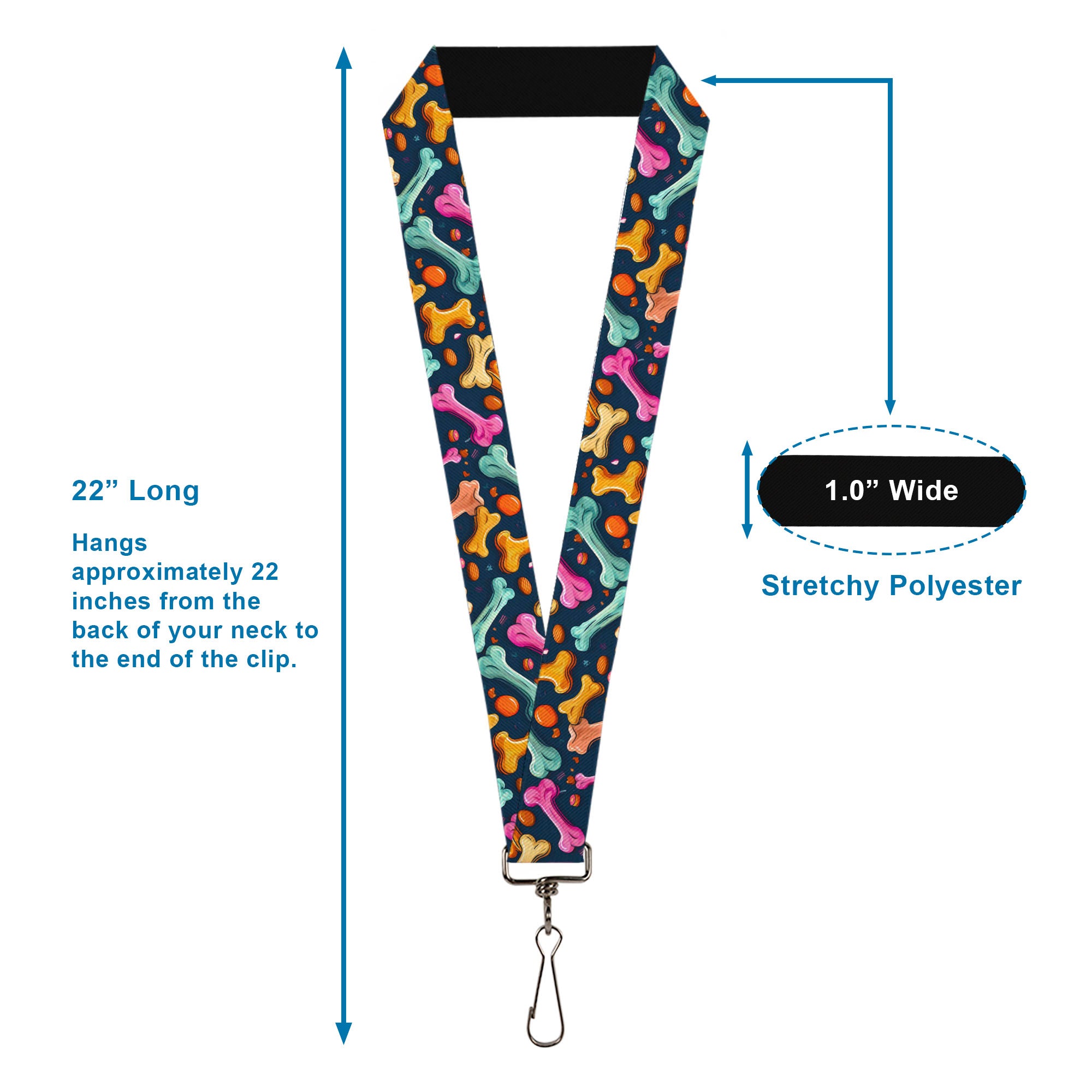 Lanyard - 1.0" - Dog Bone Treats Scattered Blue/Multi Color Lanyards Buckle-Down