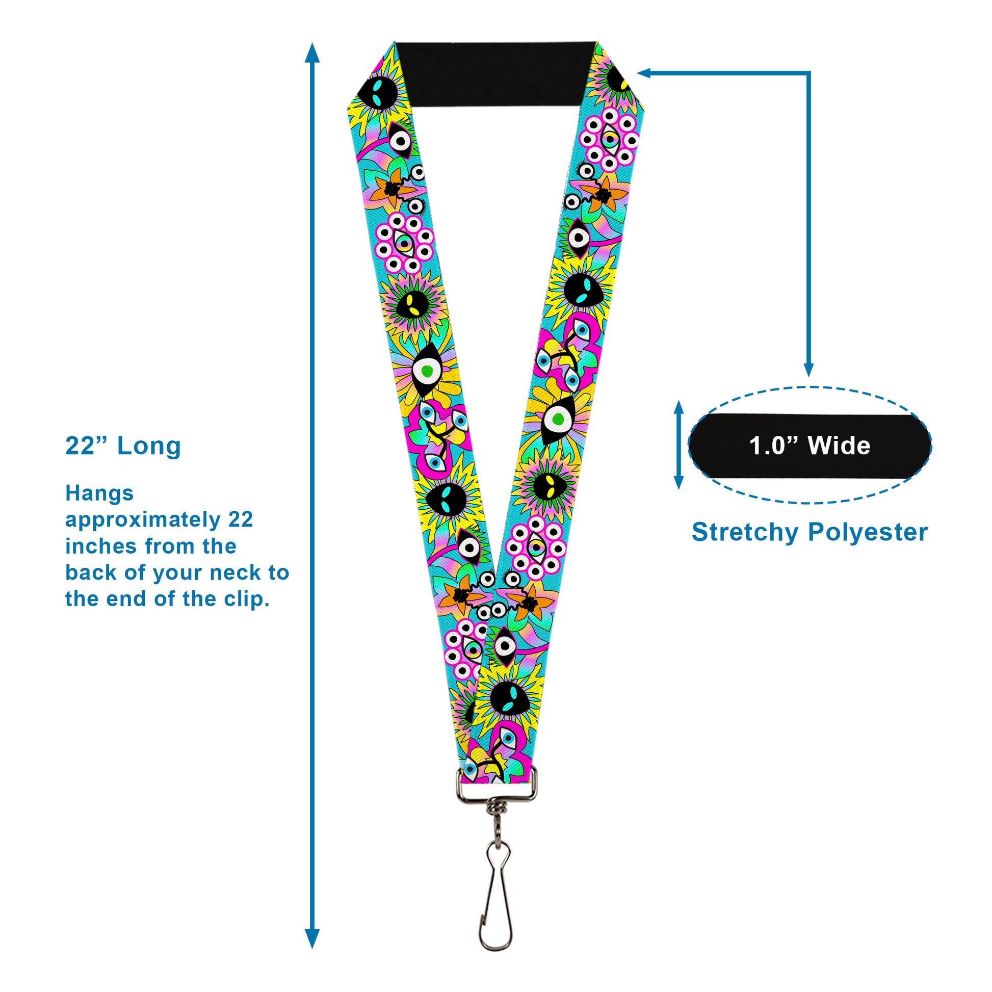 Lanyard - 1.0" - Funky Alien Flowers Aqua Blue/Multi Color Lanyards Buckle-Down