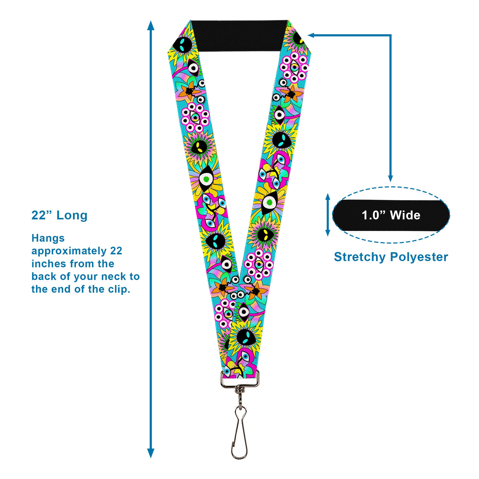 Lanyard - 1.0" - Funky Alien Flowers Aqua Blue/Multi Color Lanyards Buckle-Down
