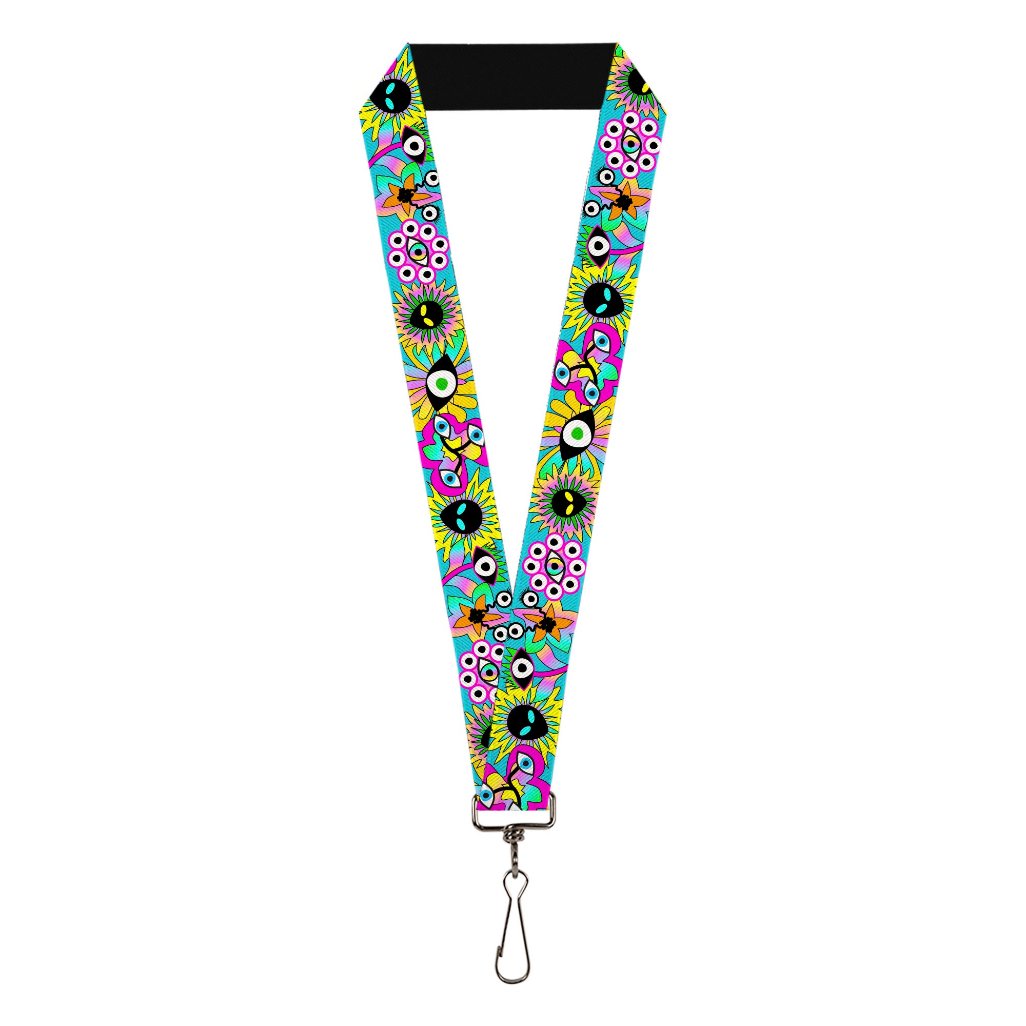 Lanyard - 1.0" - Funky Alien Flowers Aqua Blue/Multi Color Lanyards Buckle-Down
