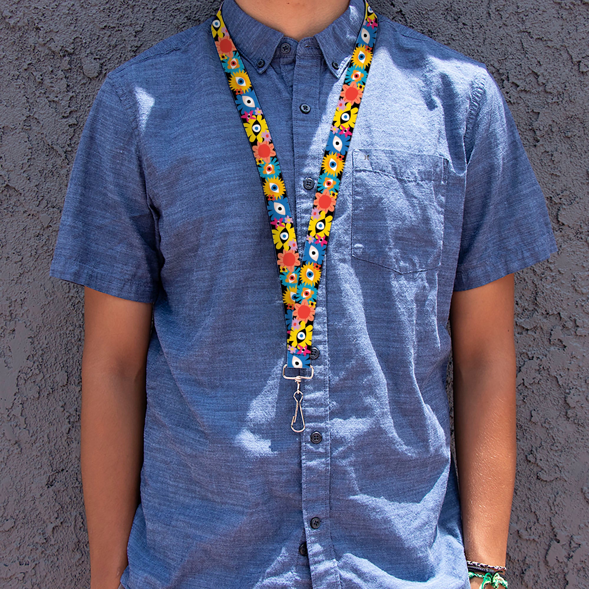Lanyard - 1.0" - Funky Eye Flowers Black/Multi Color Lanyards Buckle-Down
