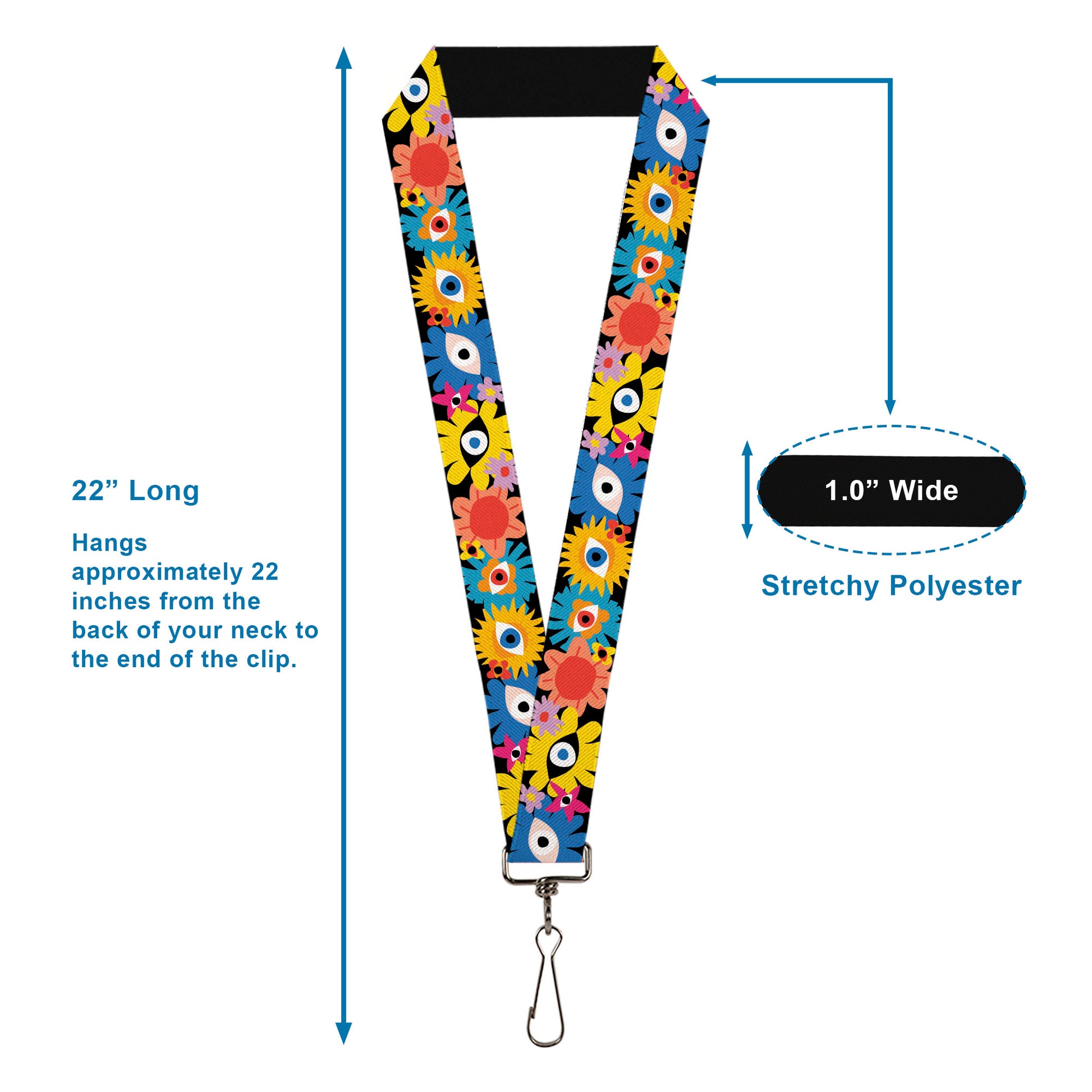 Lanyard - 1.0" - Funky Eye Flowers Black/Multi Color Lanyards Buckle-Down