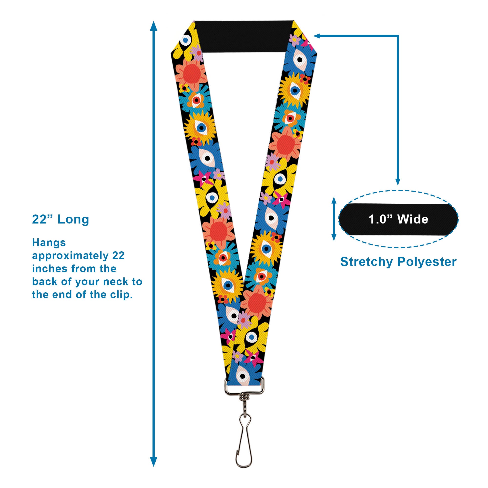 Lanyard - 1.0" - Funky Eye Flowers Black/Multi Color Lanyards Buckle-Down