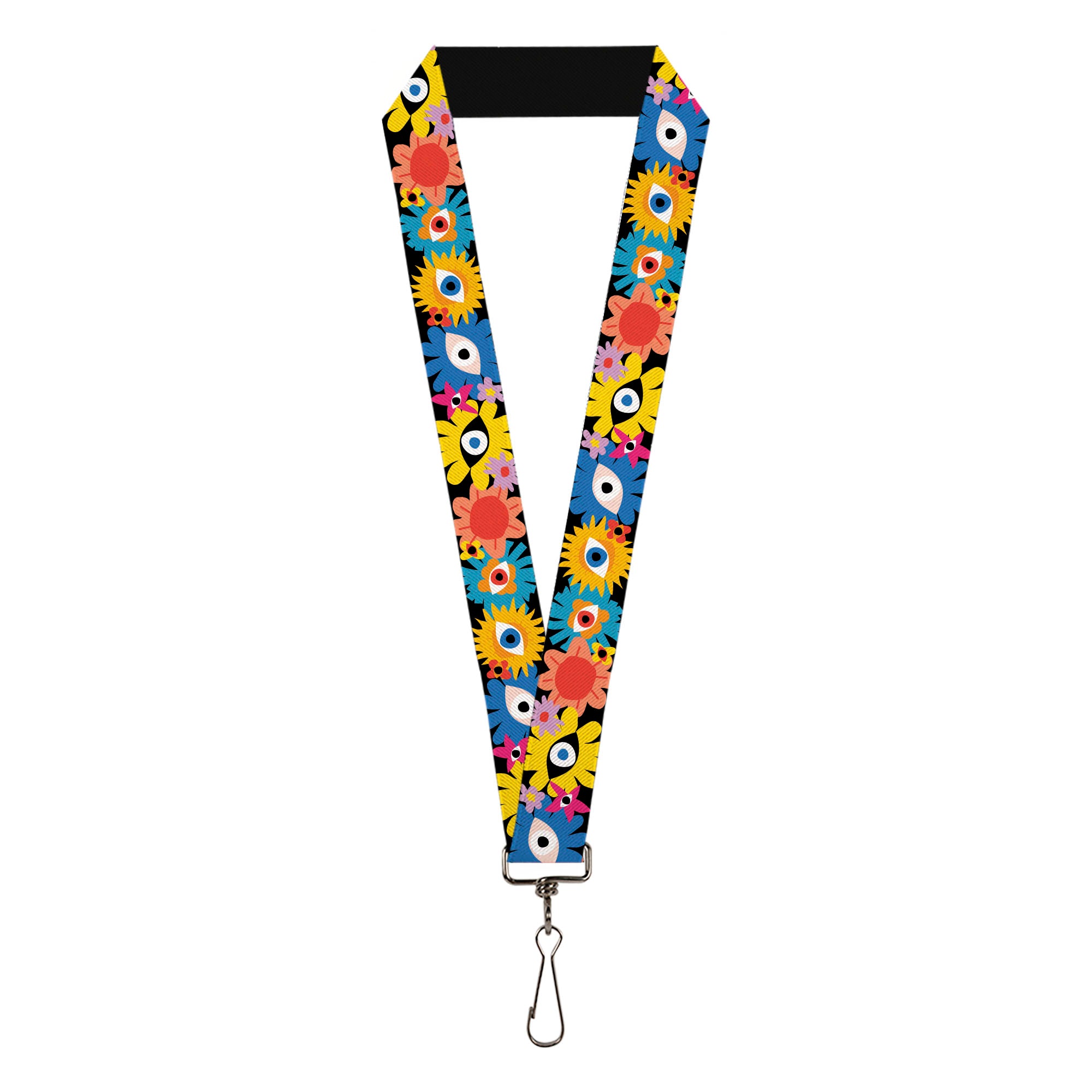 Lanyard - 1.0" - Funky Eye Flowers Black/Multi Color Lanyards Buckle-Down