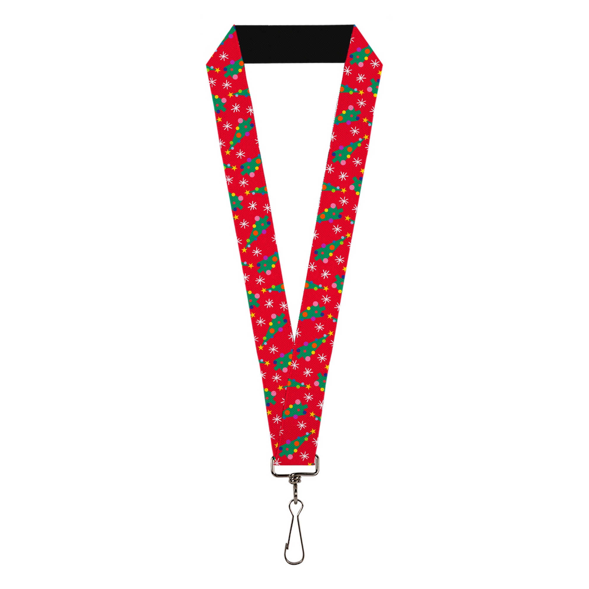 Lanyard - 1.0" - Festive Holiday Christmas Trees Scattered Red/Multi Color Lanyards Buckle-Down
