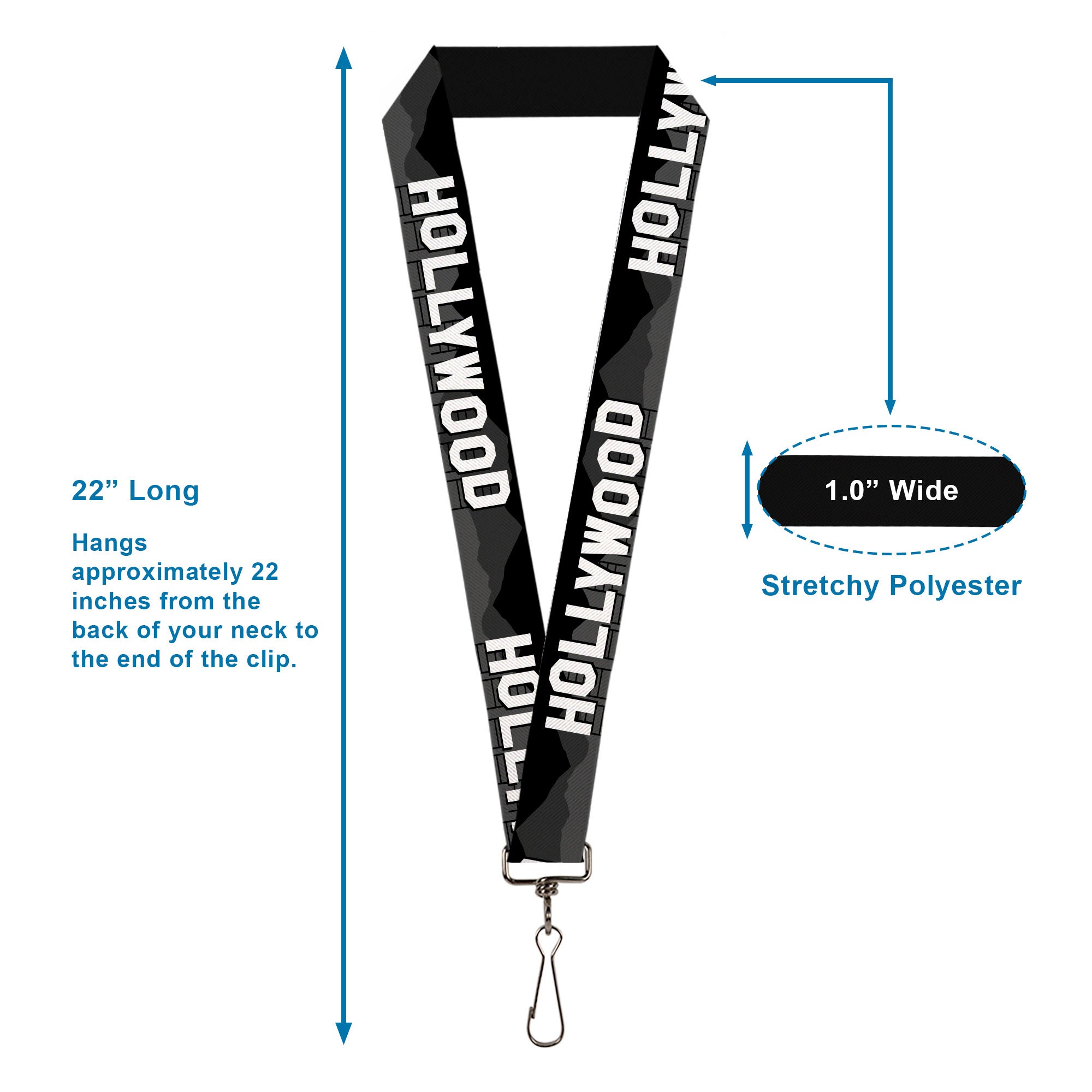 Lanyard - 1.0" - HOLLYWOOD Sign Skyline Black Grays White Lanyards Buckle-Down