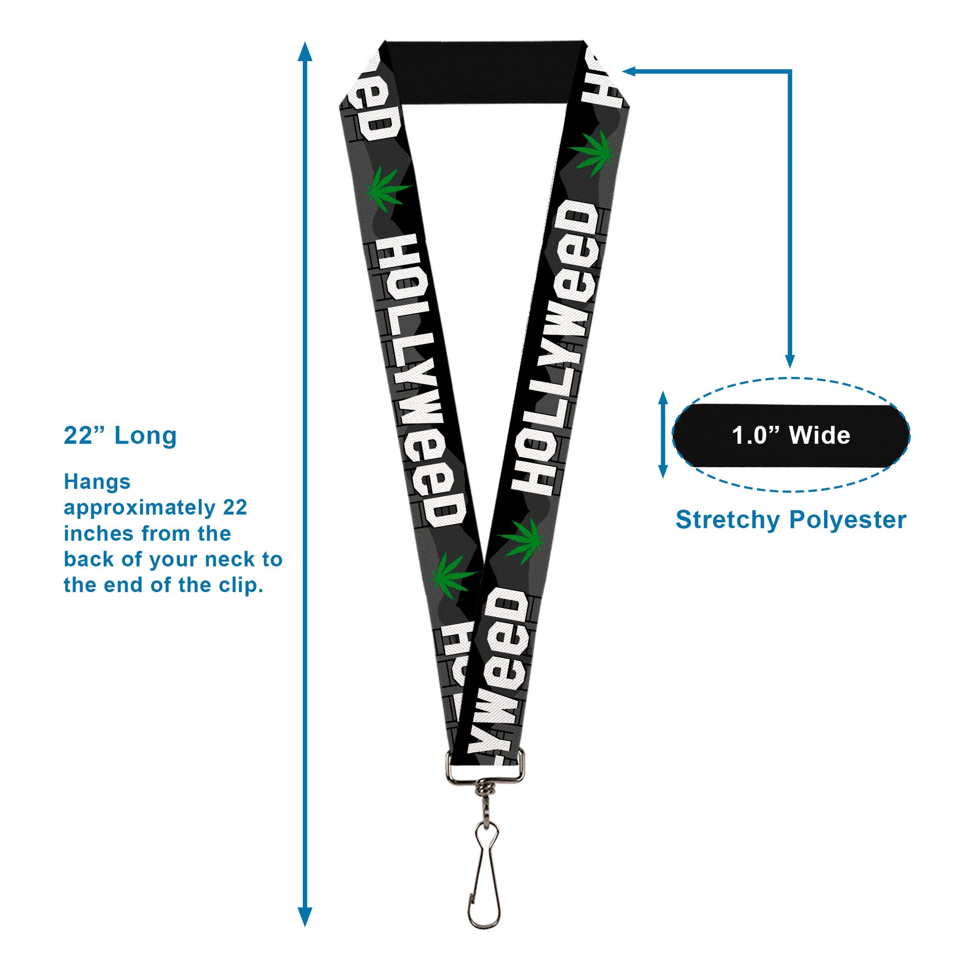 Lanyard - 1.0" - HOLLYWEED Sign Skyline Pot Leaf Black Grays White Green Lanyards Buckle-Down