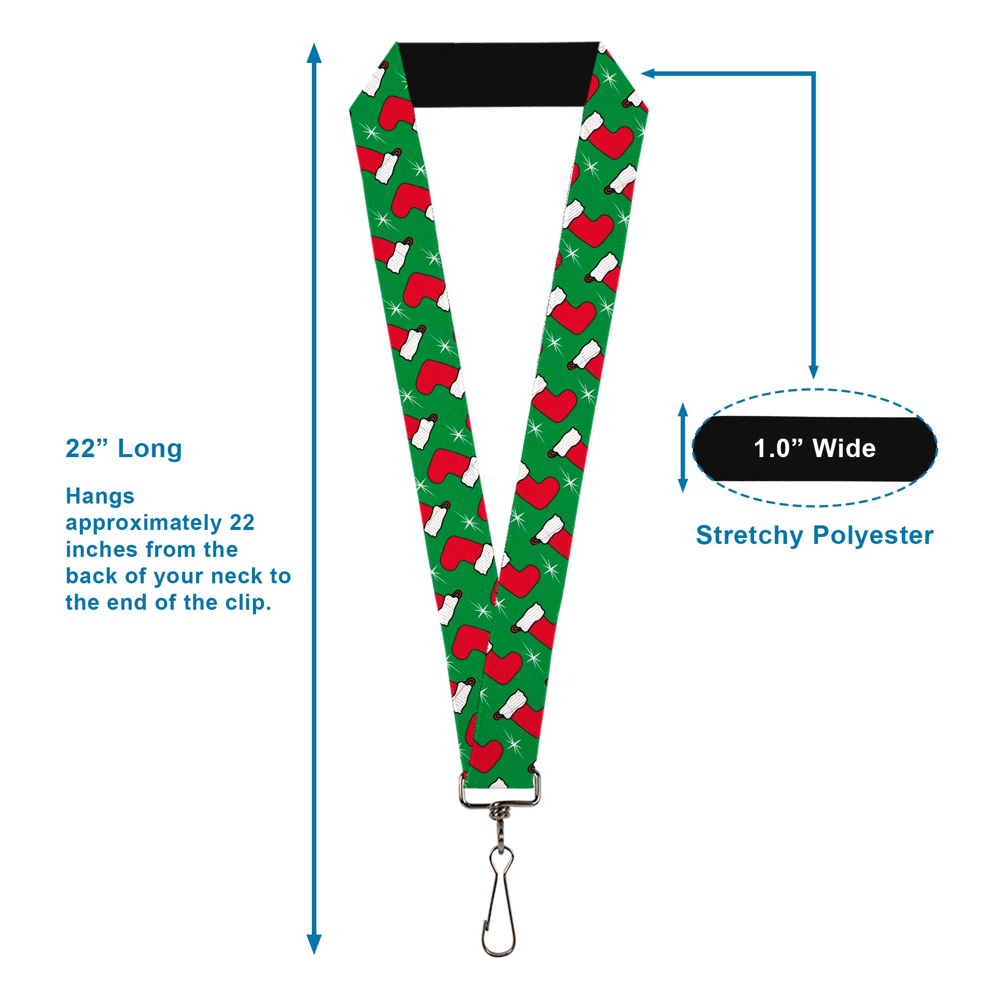 Lanyard - 1.0" - Holiday Christmas Stocking and Star Green/WhiteRed Lanyards Buckle-Down