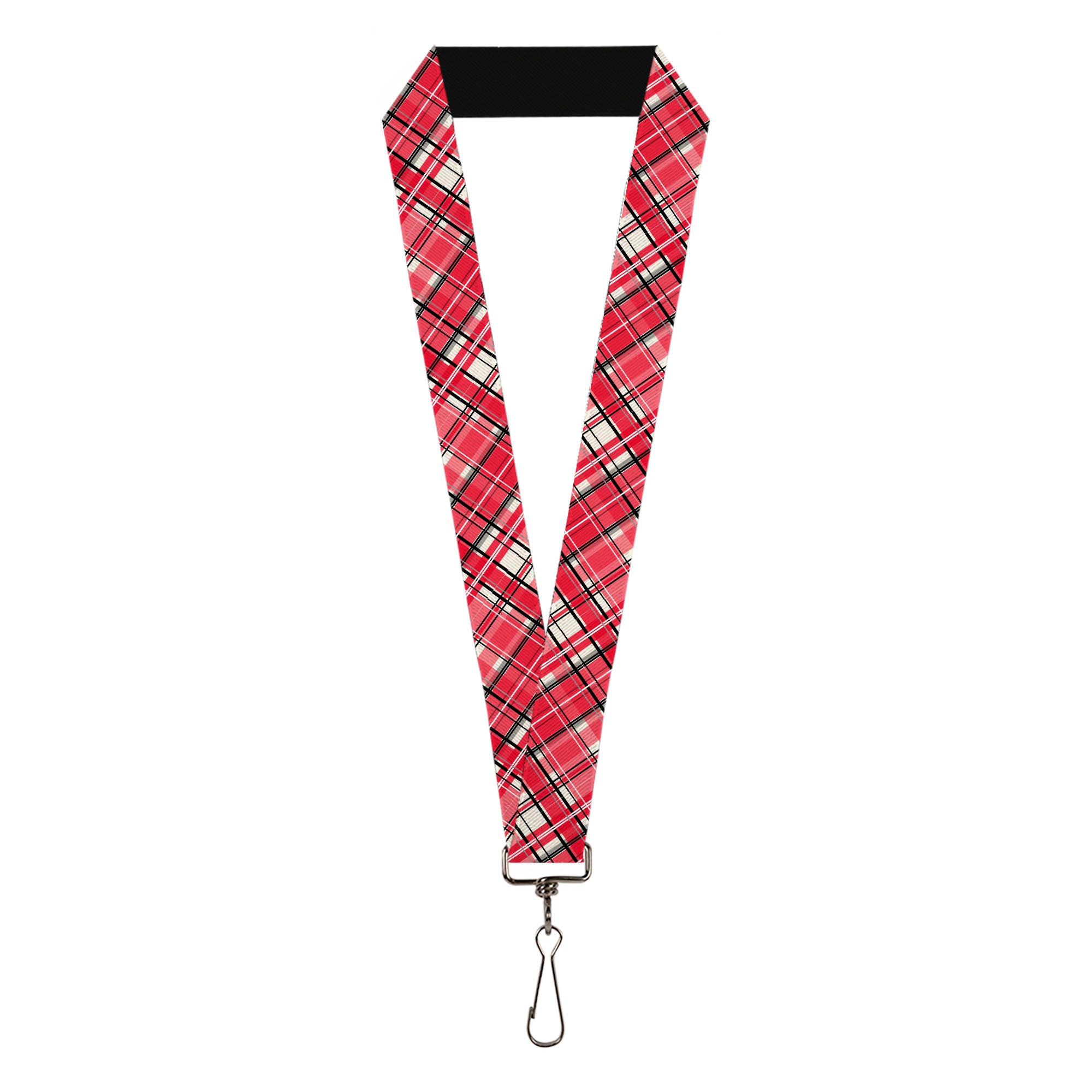 Lanyard - 1.0" - Holiday Christmas Plaid Diagonal White/Red/Black Lanyards Buckle-Down