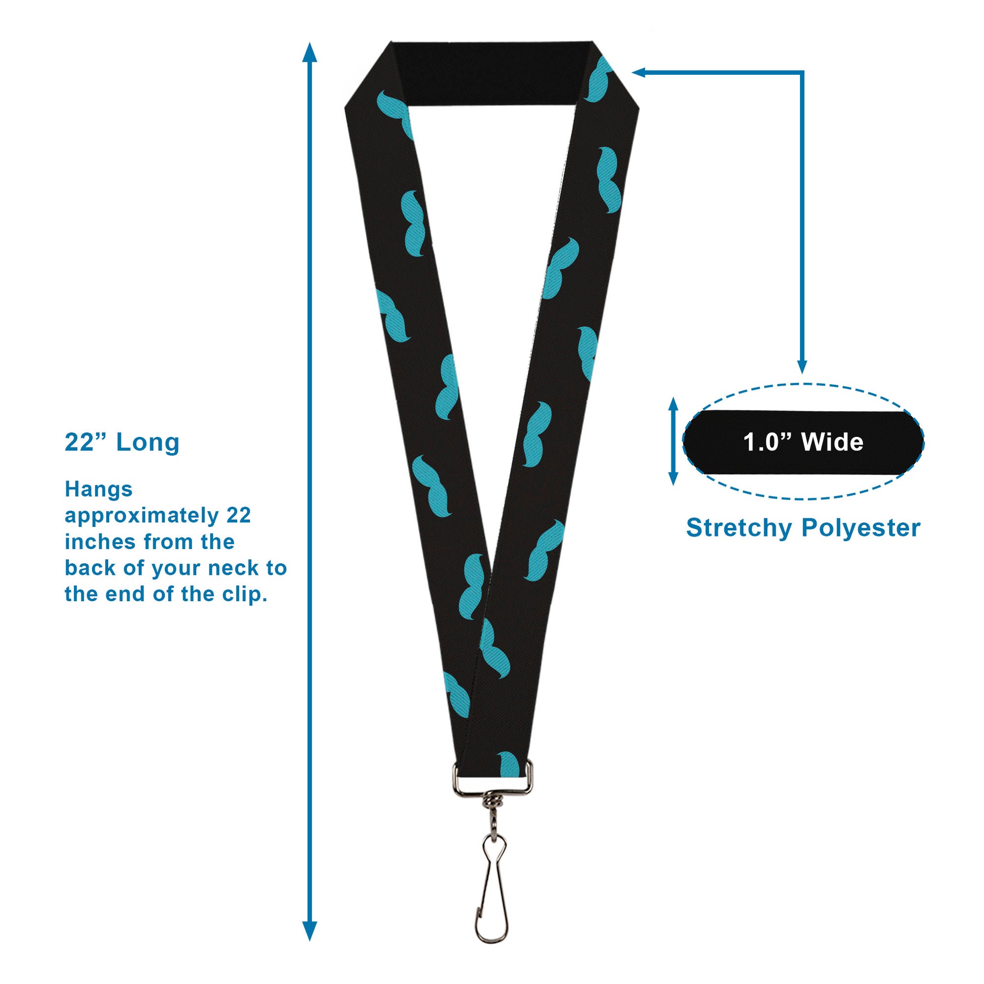 Lanyard - 1.0" - Mustaches Scattered Black Turquoise Lanyards Buckle-Down