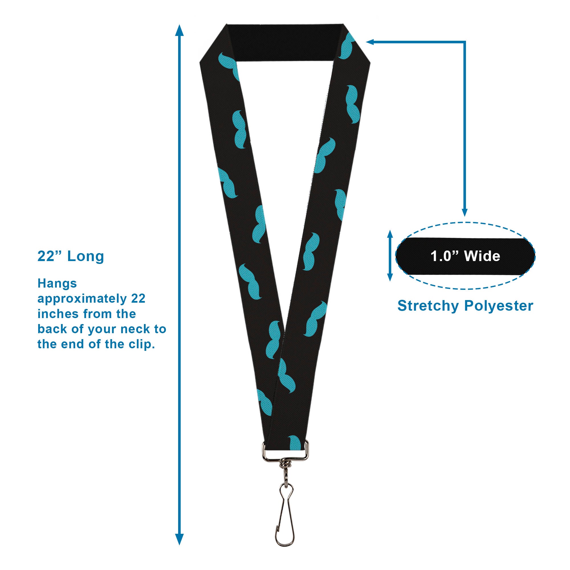 Lanyard - 1.0" - Mustaches Scattered Black Turquoise Lanyards Buckle-Down