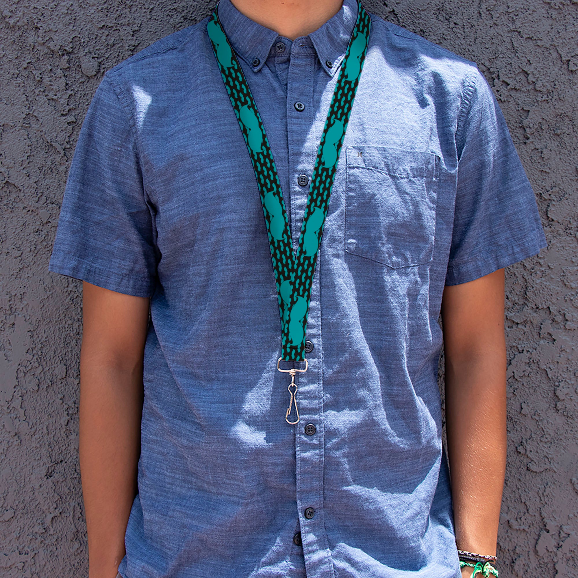 Lanyard - 1.0" - Mustaches Mini Single Repeat Black Turquoise Lanyards Buckle-Down