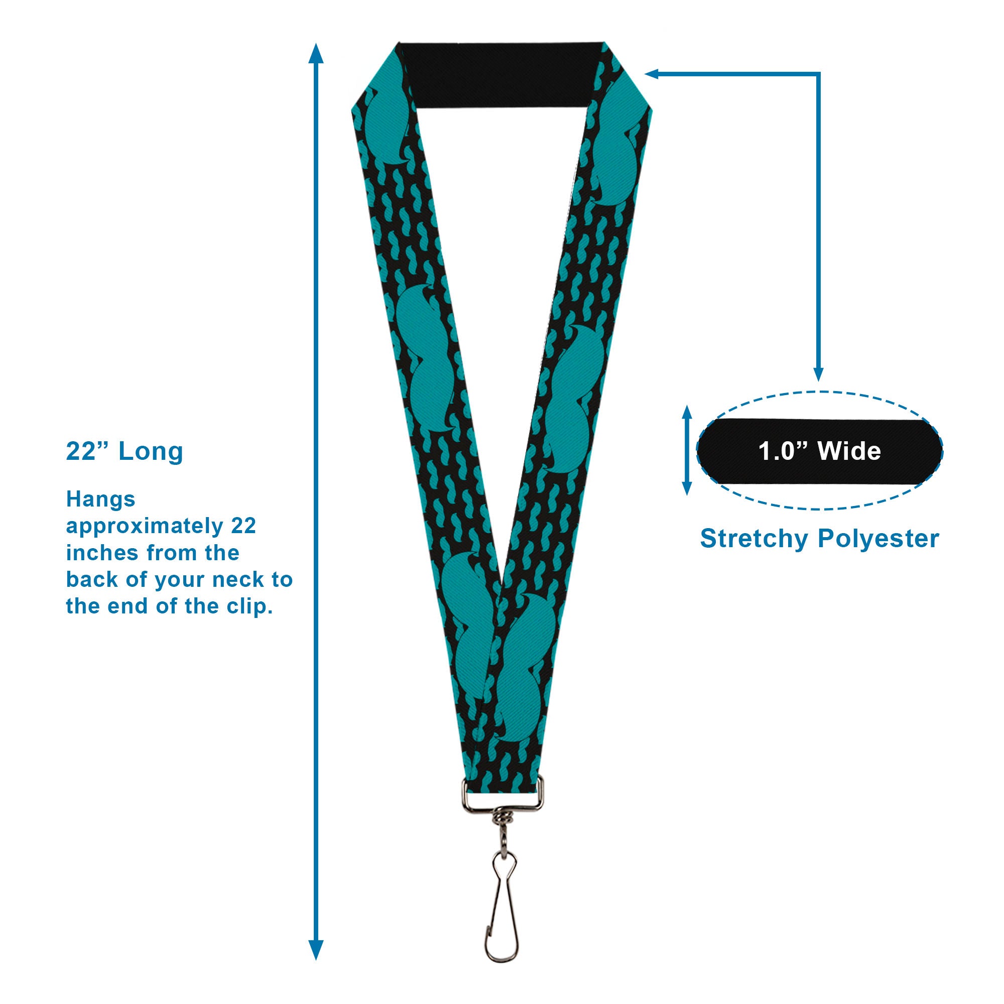 Lanyard - 1.0" - Mustaches Mini Single Repeat Black Turquoise Lanyards Buckle-Down