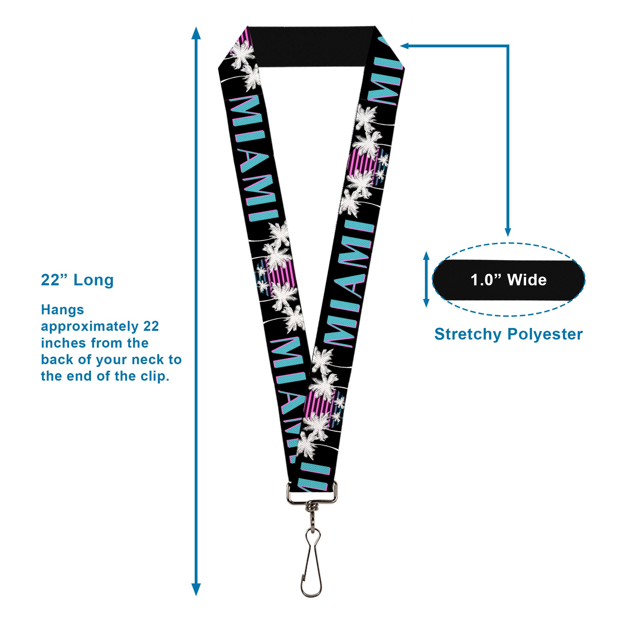 Lanyard - 1.0" - MIAMI Palm Trees Black White Pink Teal Lanyards Buckle-Down