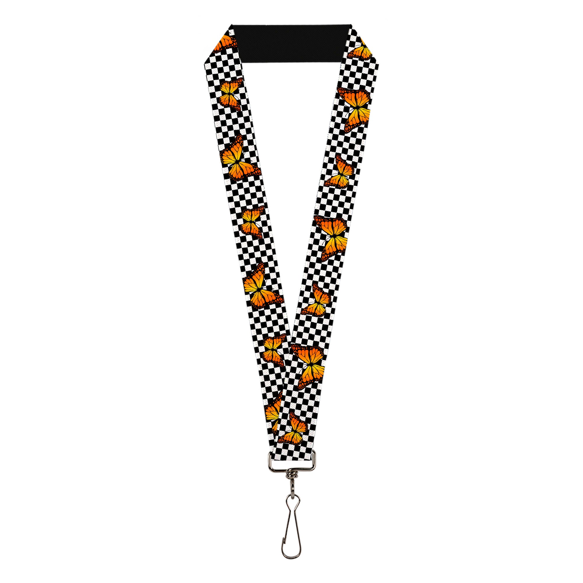 Lanyard - 1.0" - Monarch Butterfly Scattered Checker Black White Lanyards Buckle-Down