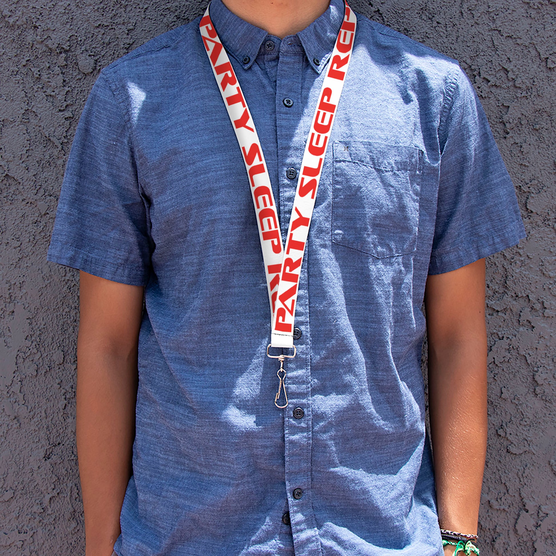 Buckle-Down Lanyard - PARTY-SLEEP-REPEAT White/Red Lanyards Buckle-Down