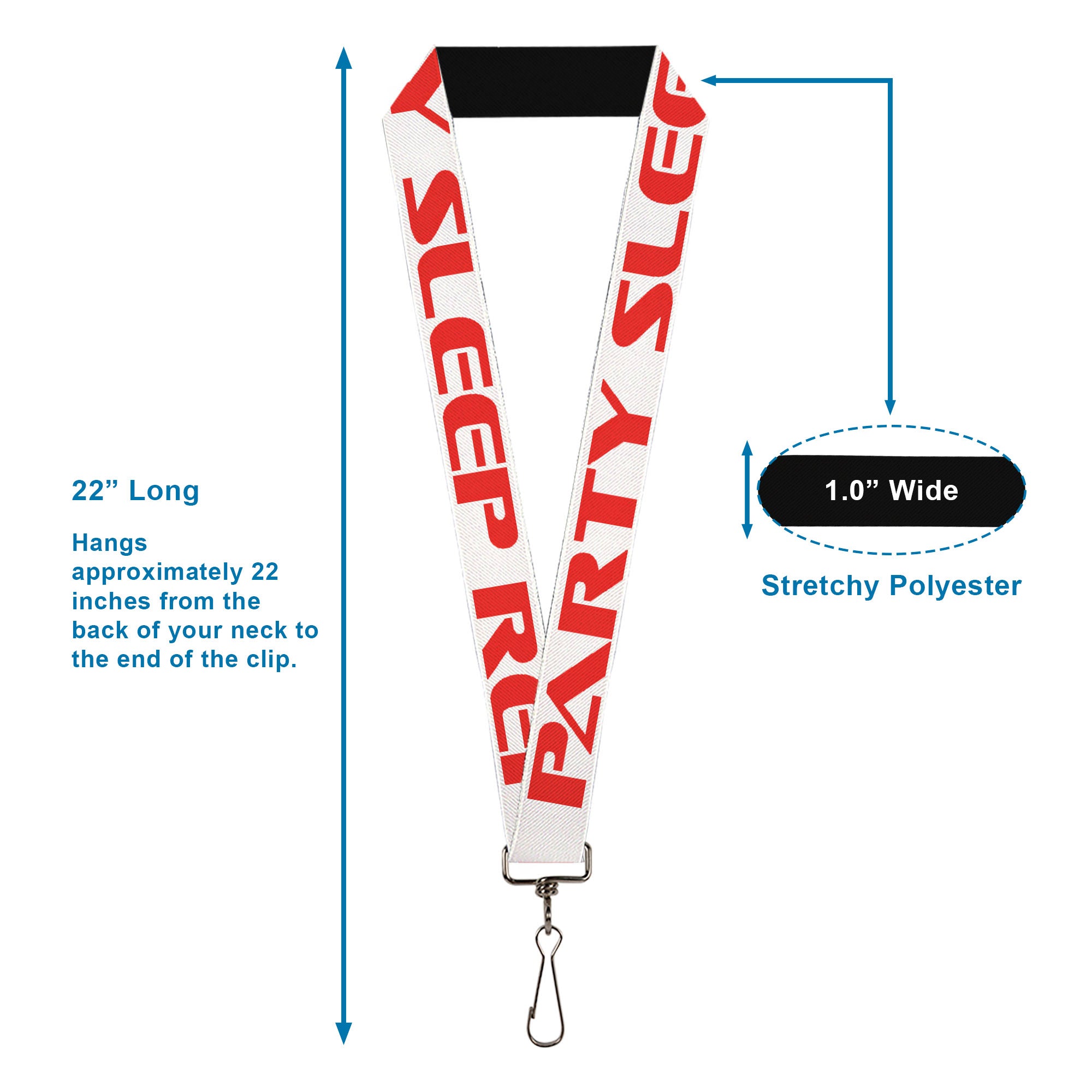 Buckle-Down Lanyard - PARTY-SLEEP-REPEAT White/Red Lanyards Buckle-Down