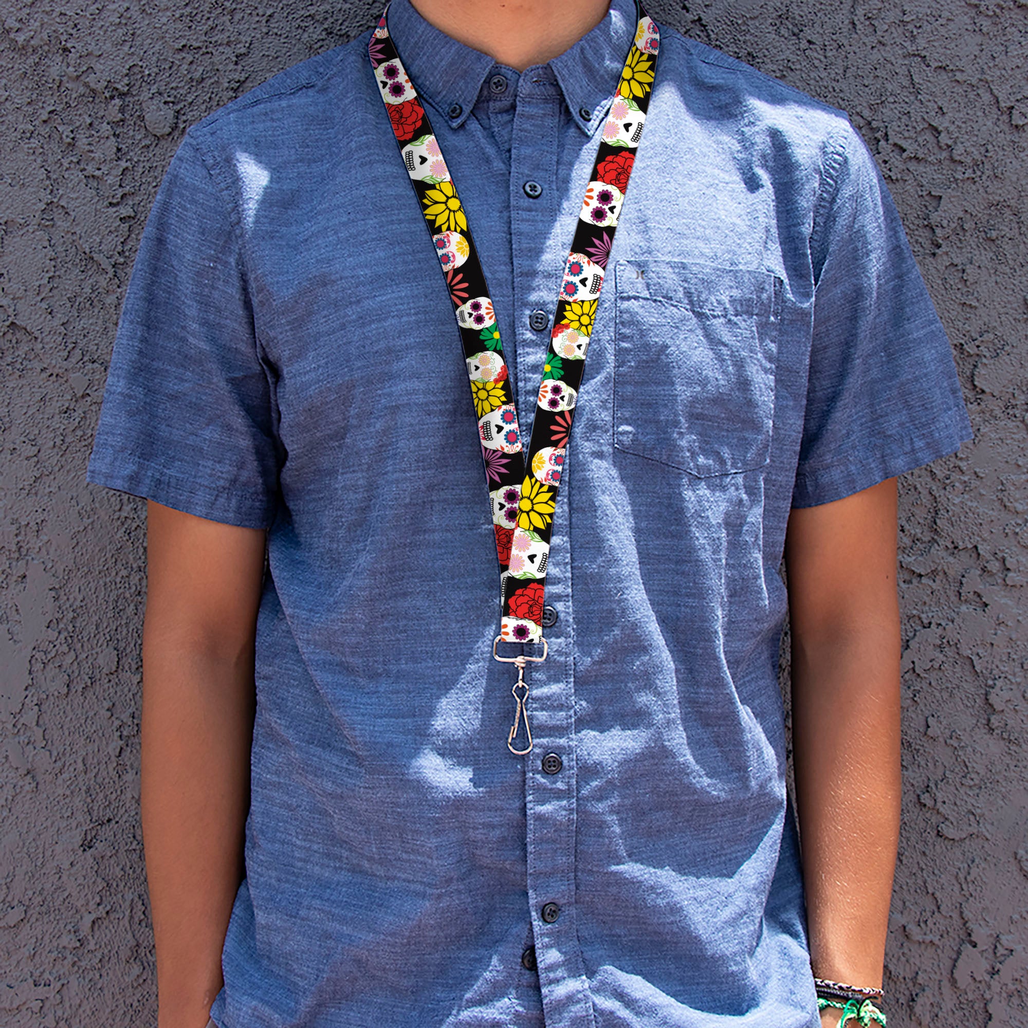 Lanyard - 1.0" - Sugar Skulls & Flowers Black Multi Color Lanyards Buckle-Down