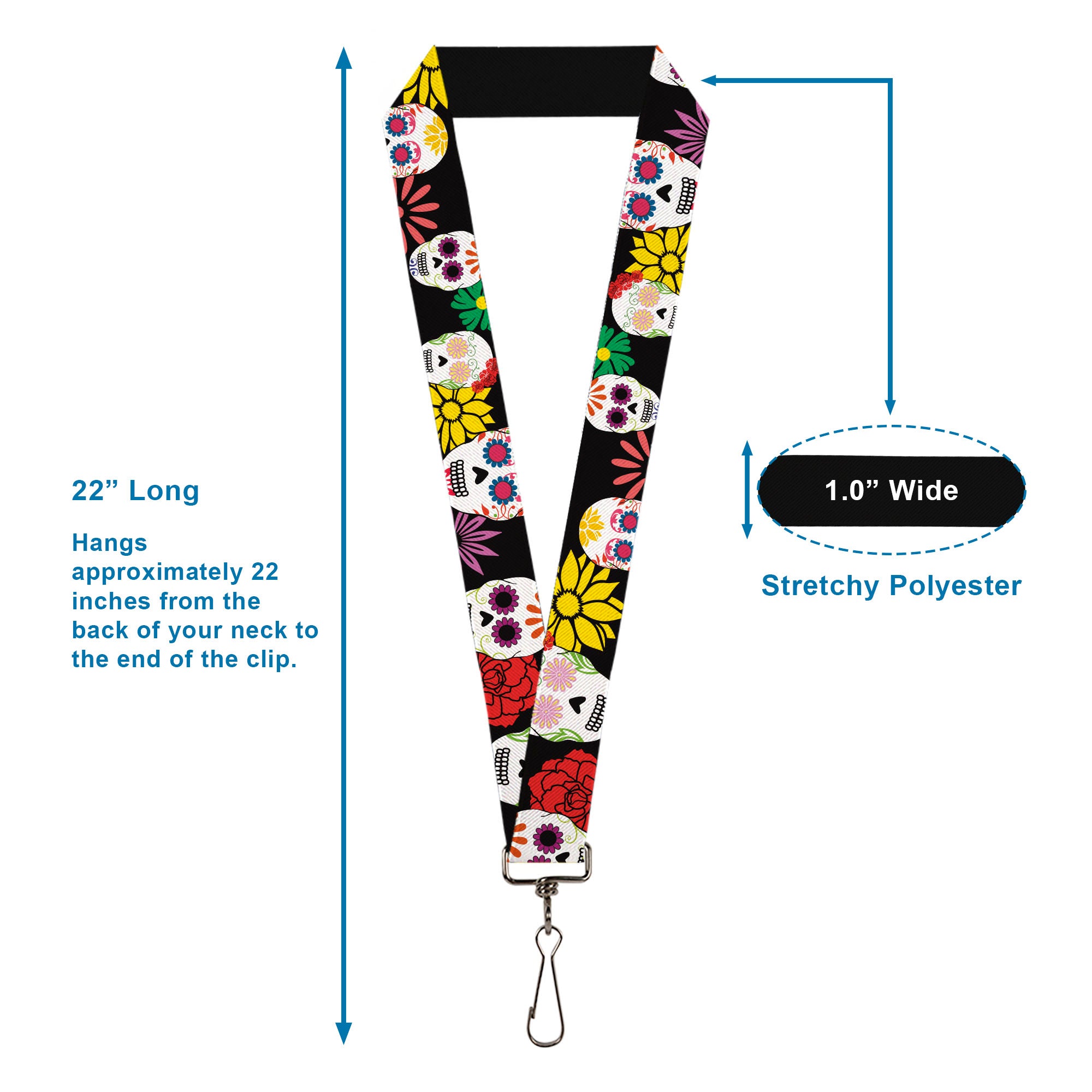 Lanyard - 1.0" - Sugar Skulls & Flowers Black Multi Color Lanyards Buckle-Down