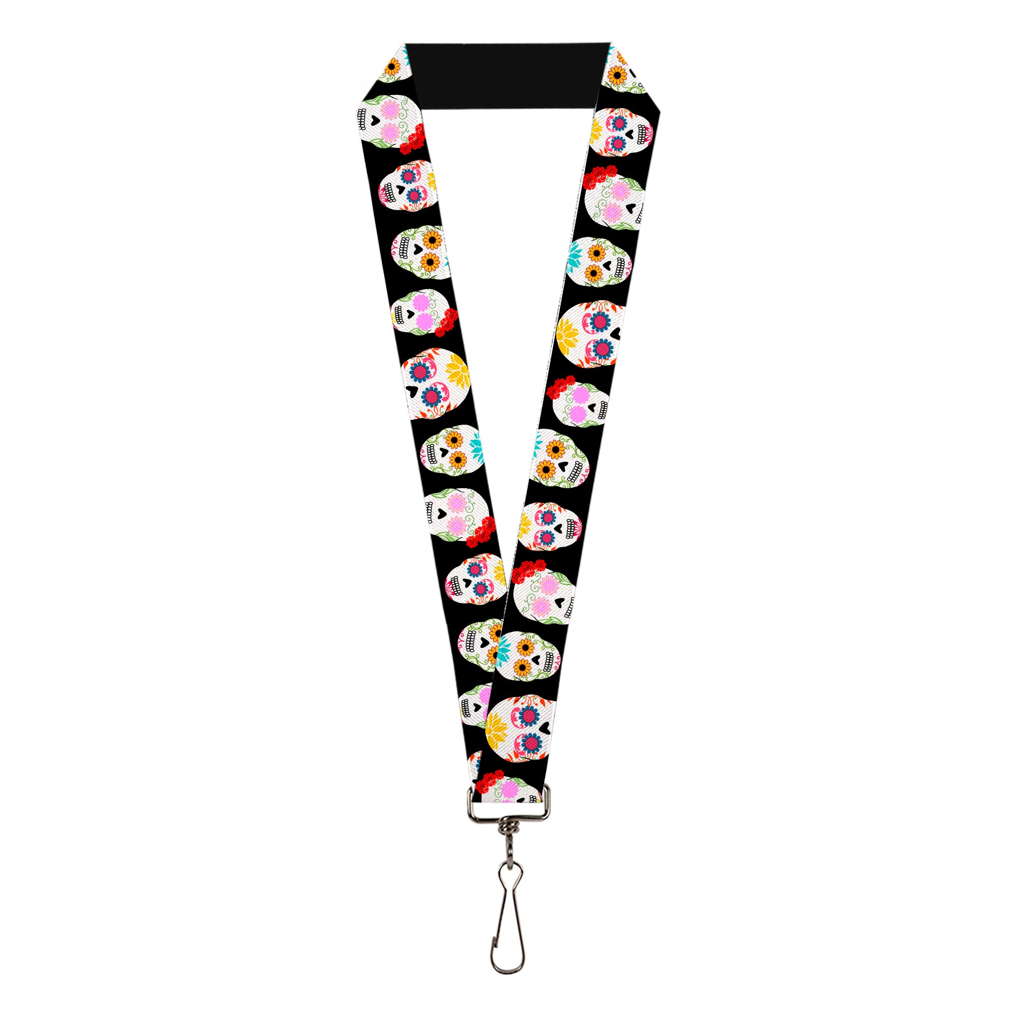 Lanyard - 1.0" - Staggered Sugar Skulls Black Multi Color Lanyards Buckle-Down