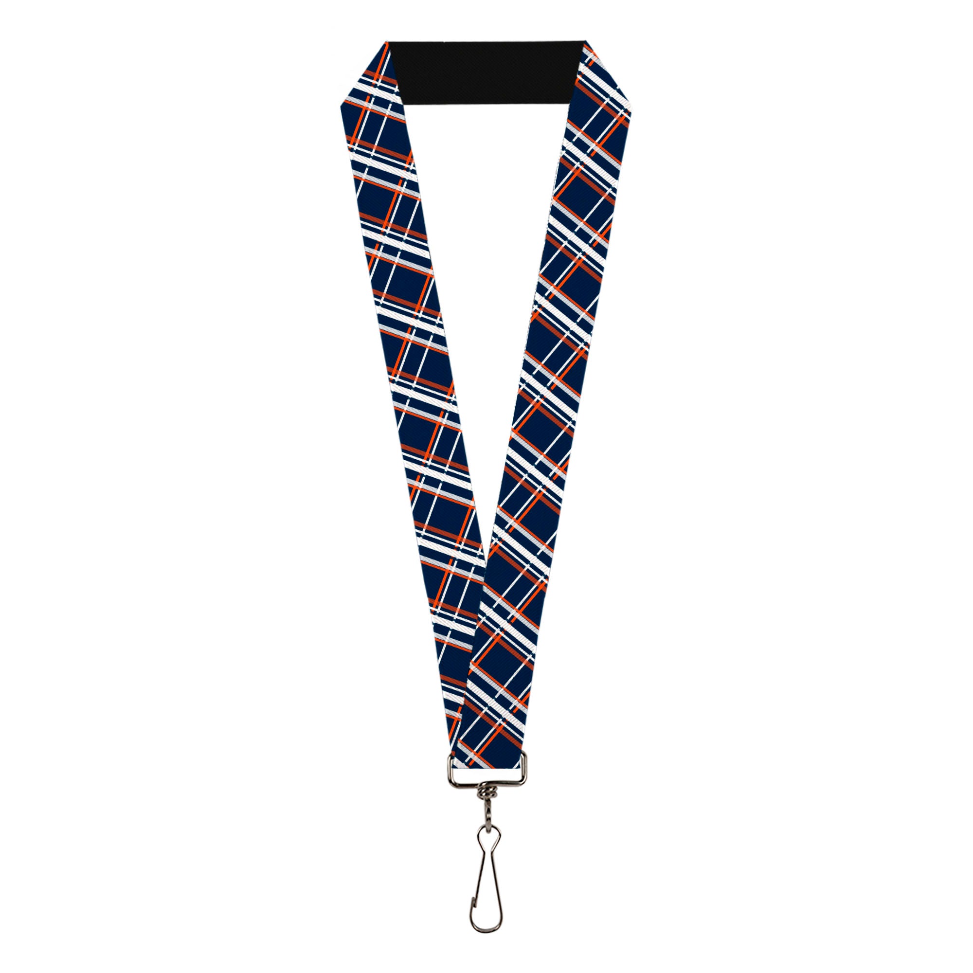 Lanyard - 1.0" - Plaid X2 Navy White Orange Lanyards Buckle-Down