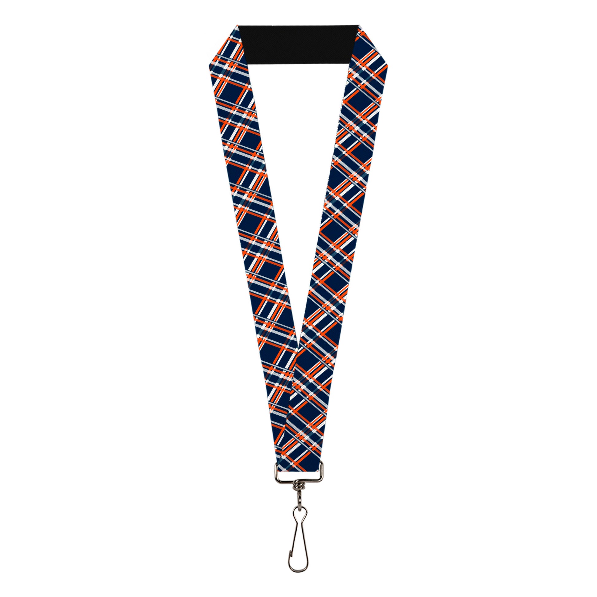 Buckle-Down 1.0 Inch Wide Stretchy Nylon Lanyard With Stainless Steel Clip - Checker Orange/Dark Blue