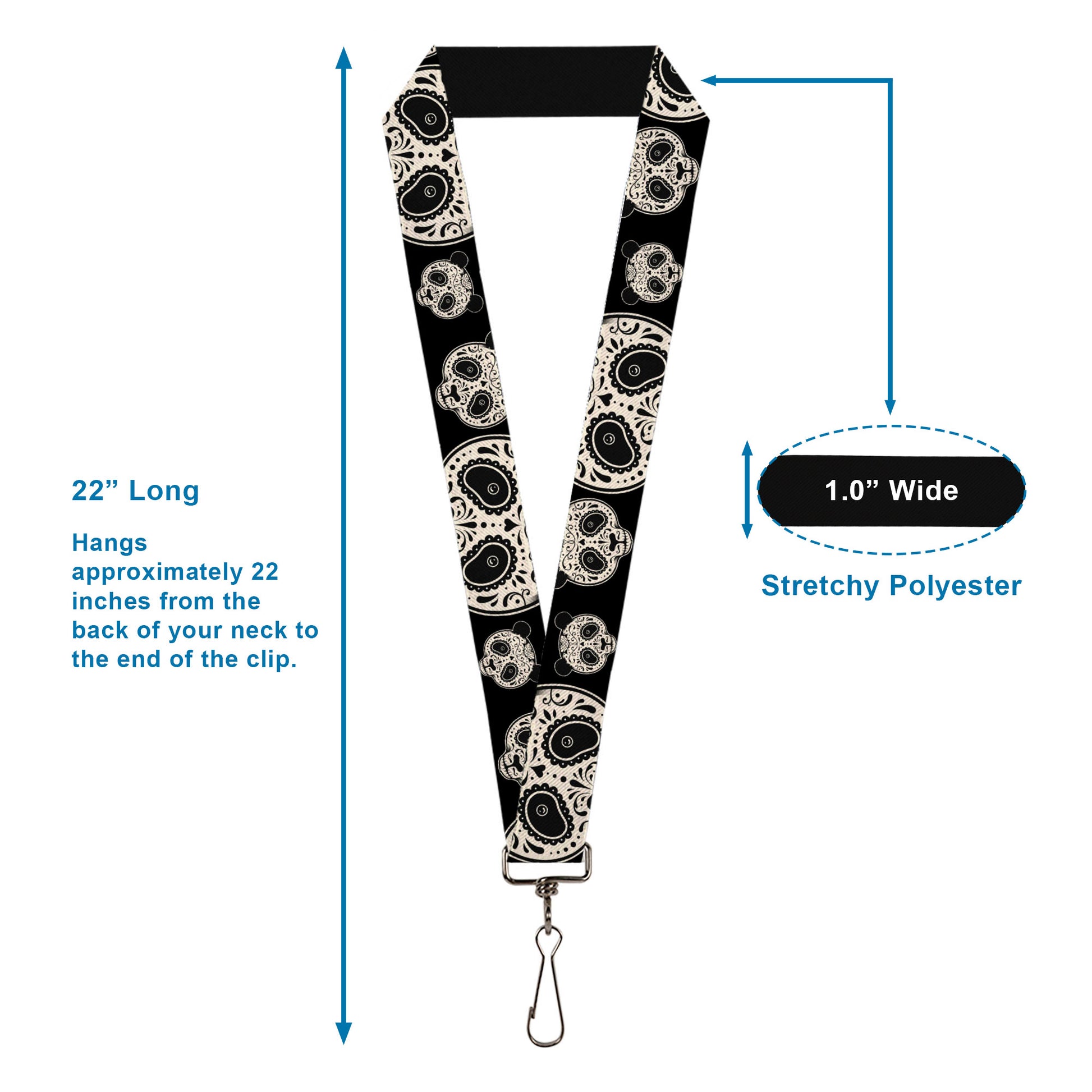 Lanyard - 1.0" - Panda Bear Sugar Skull Black White Lanyards Buckle-Down