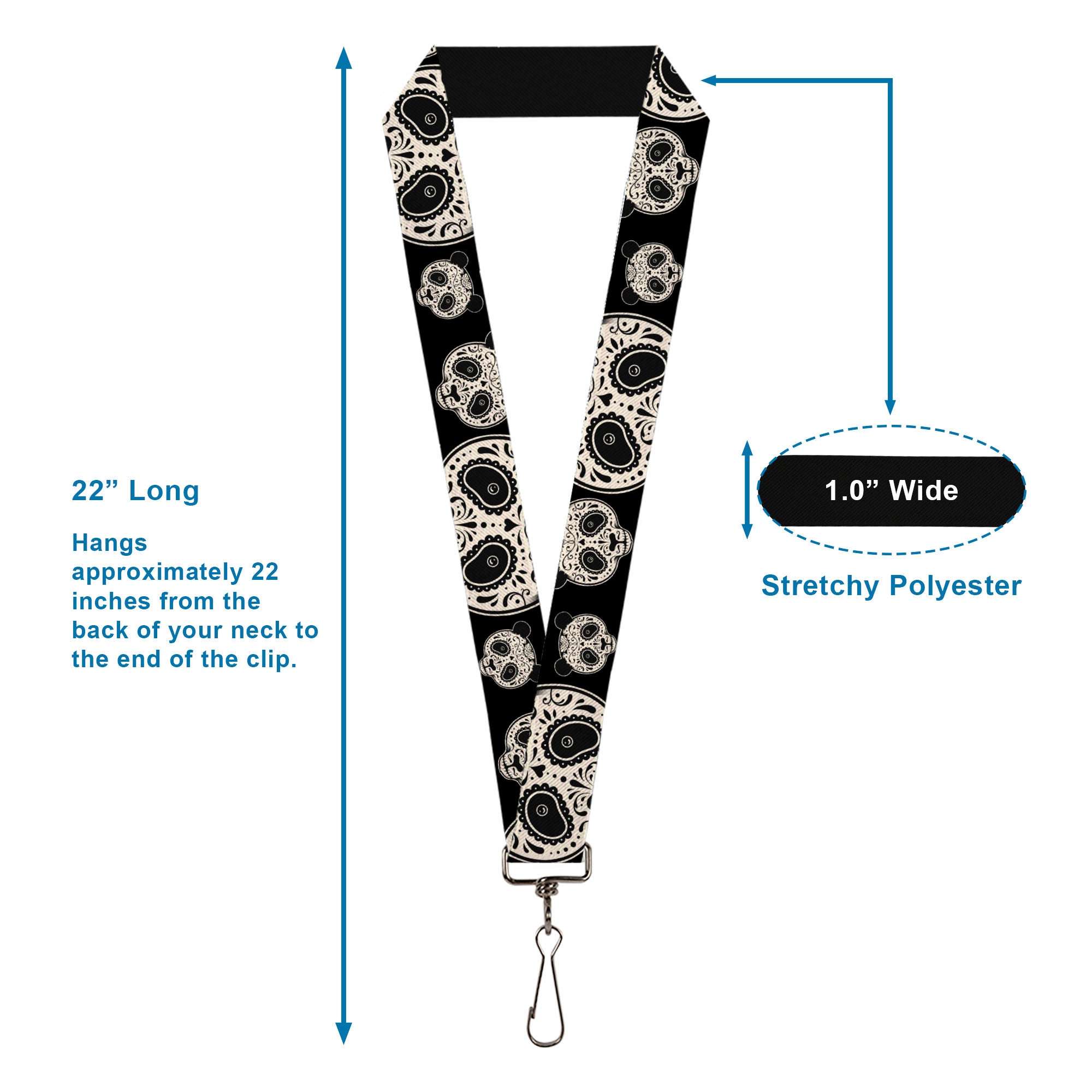 Lanyard - 1.0" - Panda Bear Sugar Skull Black White Lanyards Buckle-Down