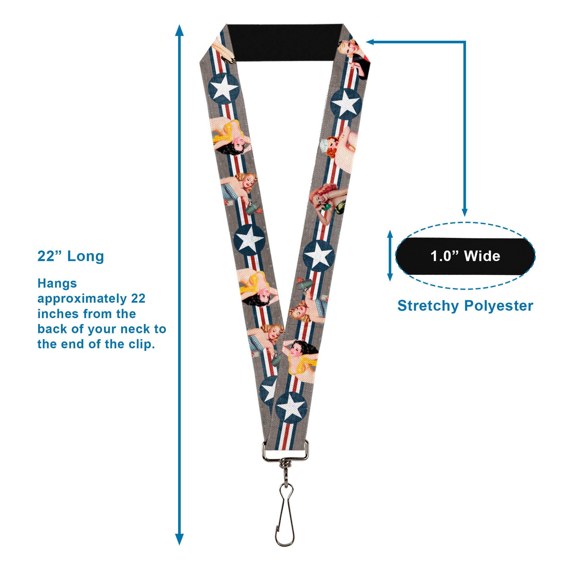 Lanyard - 1.0" - Pin Up Girl Poses Star & Stripes Gray Blue White Red Lanyards Buckle-Down