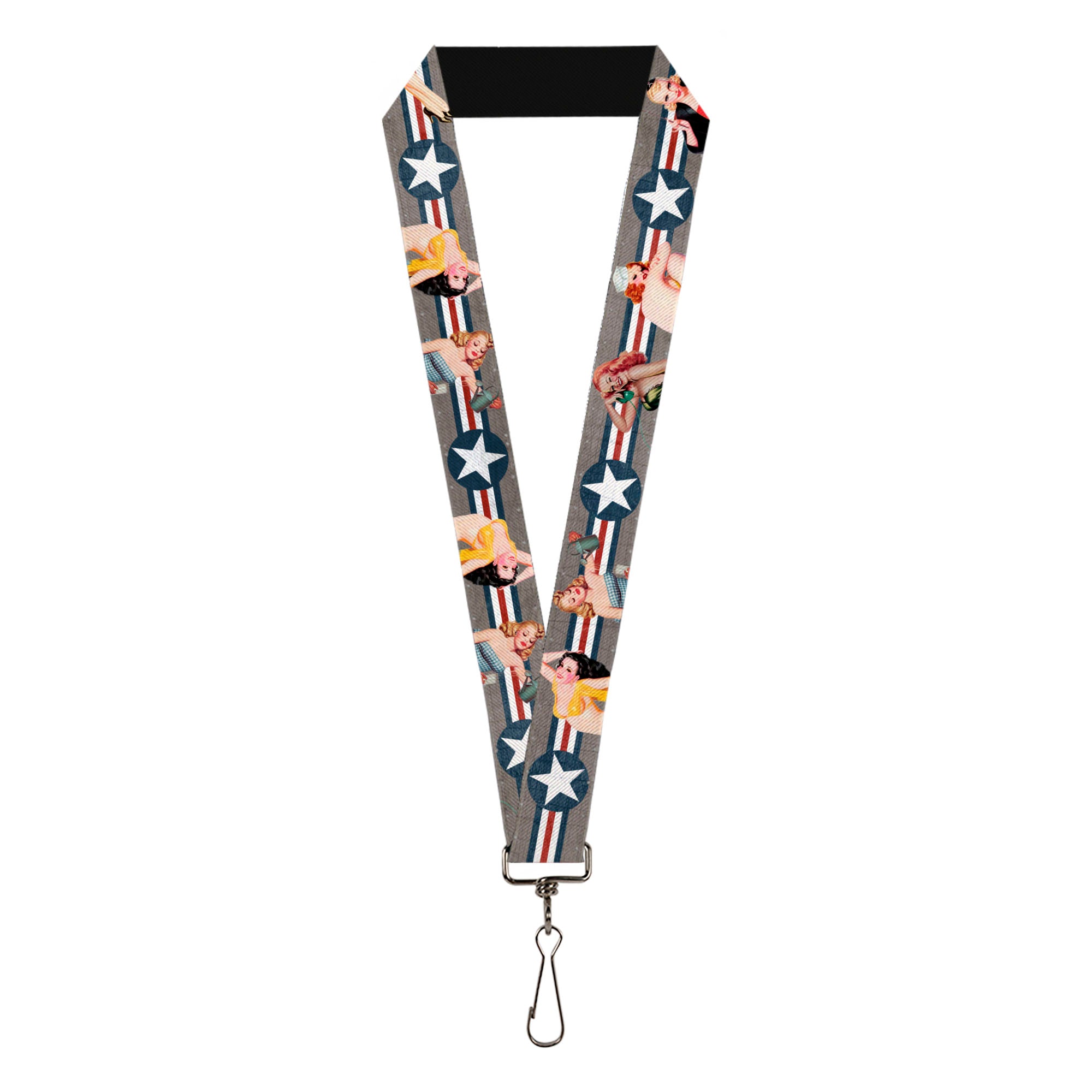 Lanyard - 1.0" - Pin Up Girl Poses Star & Stripes Gray Blue White Red Lanyards Buckle-Down