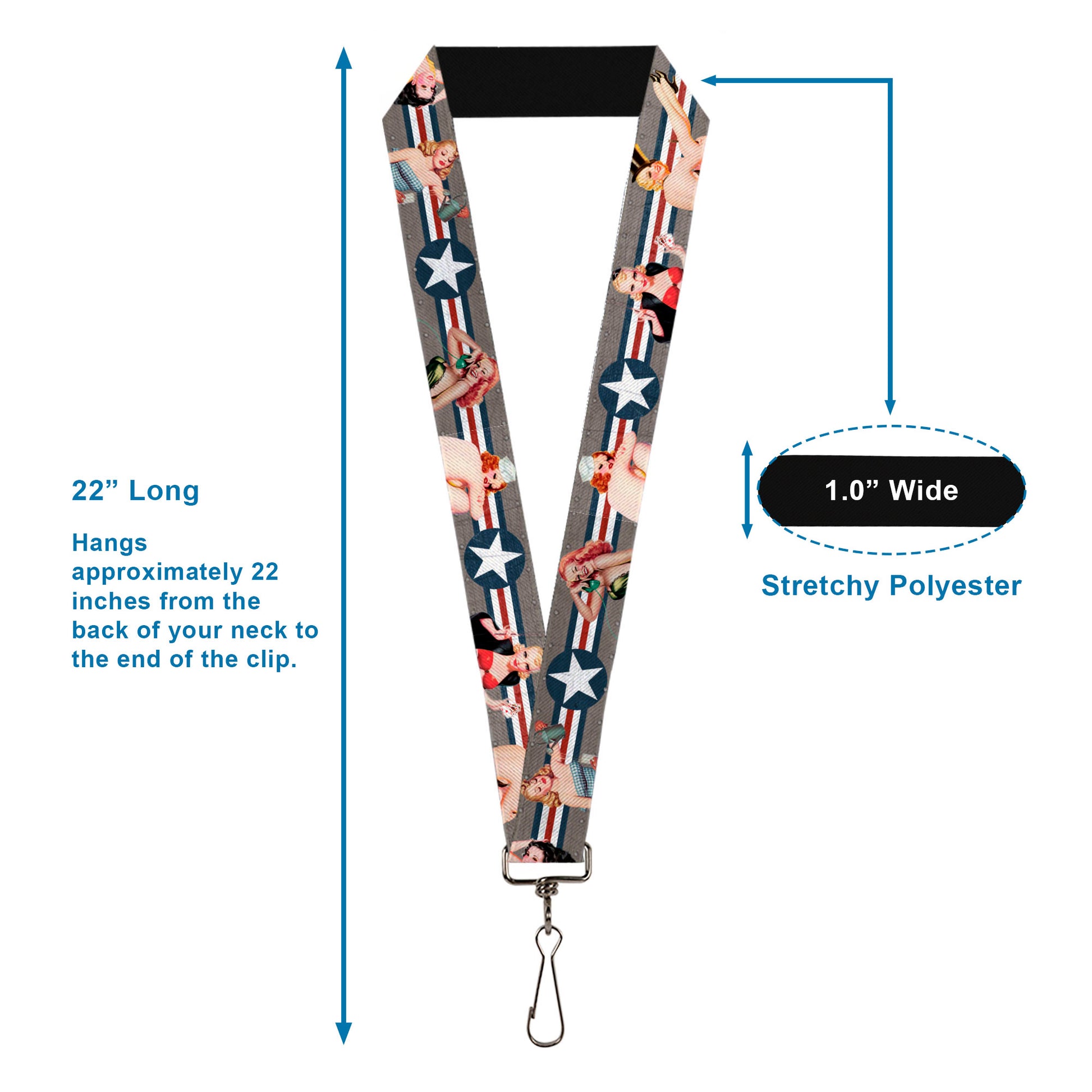 Lanyard - 1.0" - Pin Up Girl Poses CLOSE-UP Star & Stripes Gray Blue White Red Lanyards Buckle-Down