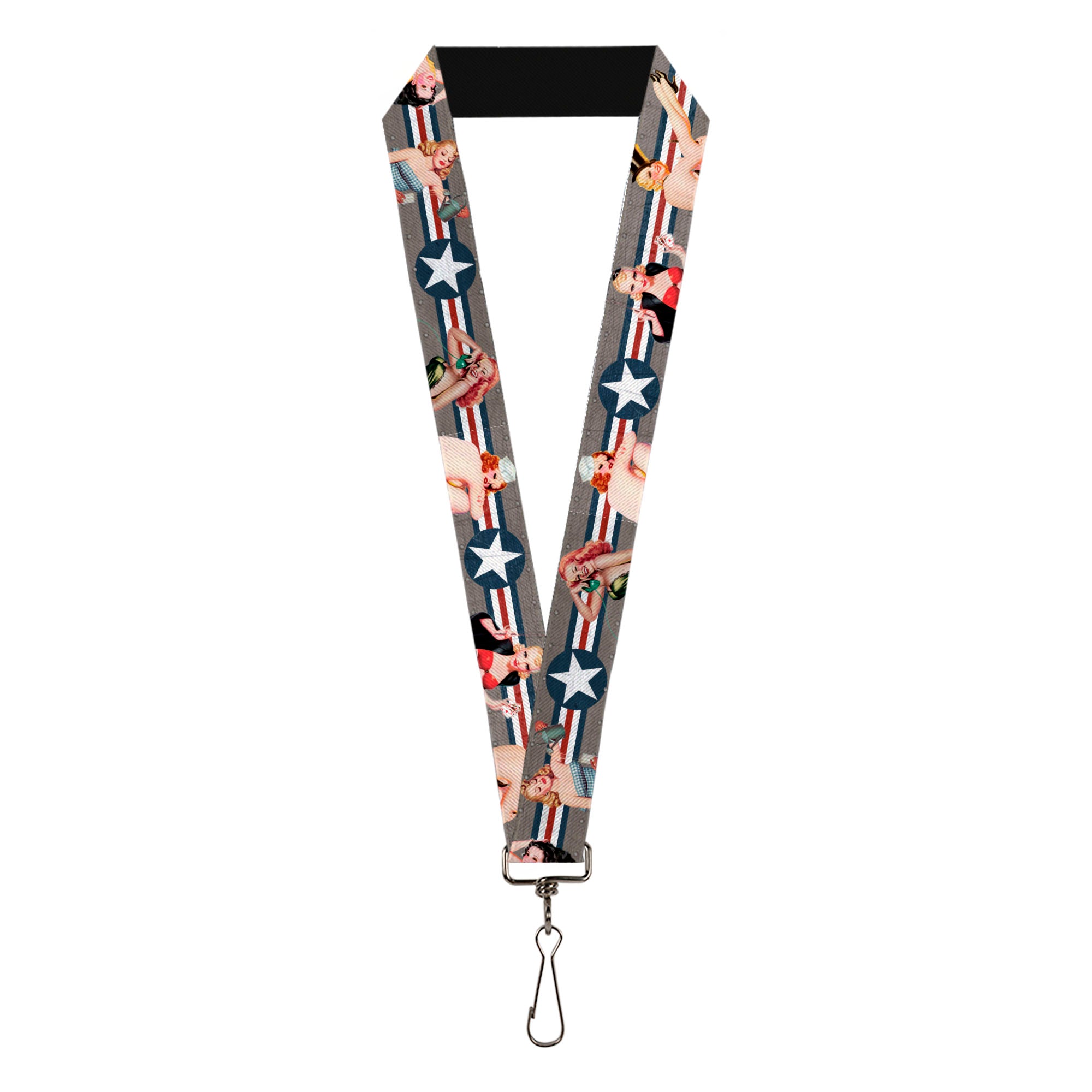 Lanyard - 1.0" - Pin Up Girl Poses CLOSE-UP Star & Stripes Gray Blue White Red Lanyards Buckle-Down