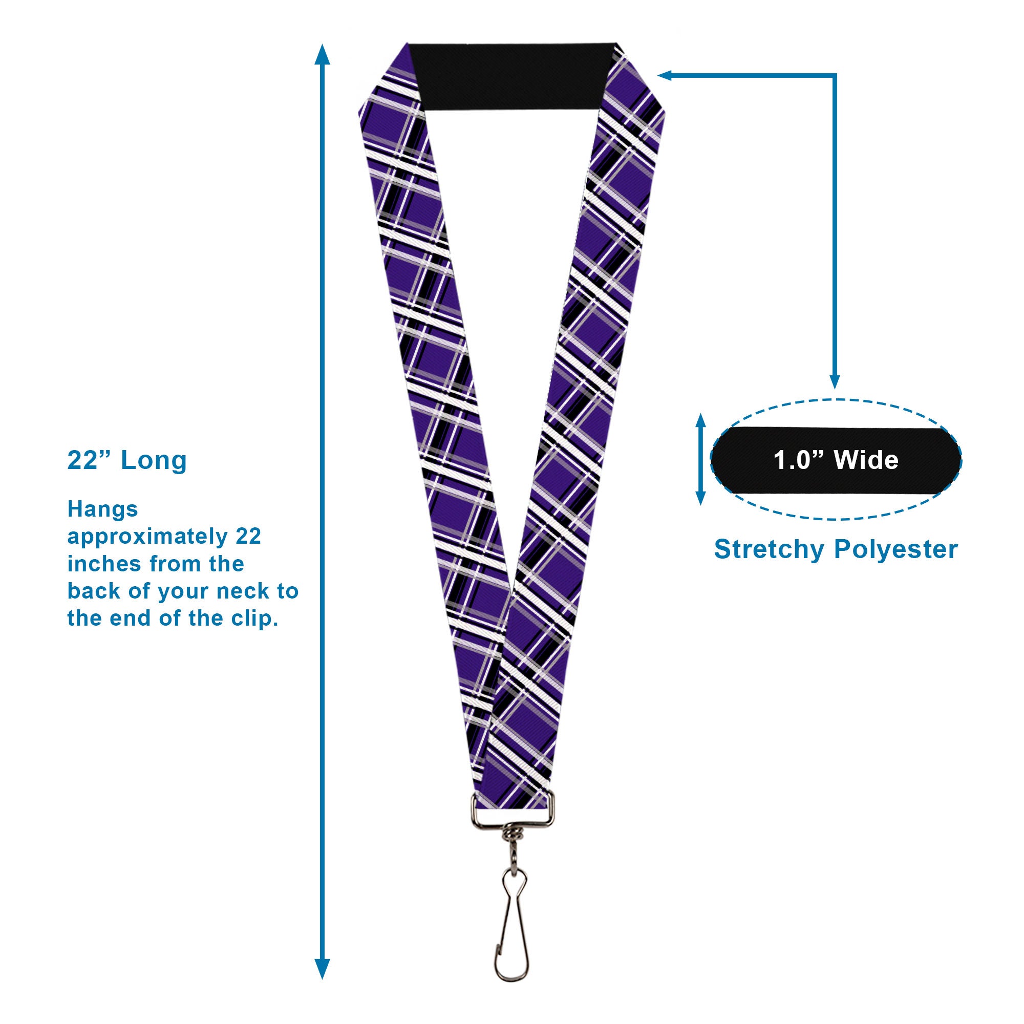 Lanyard - 1.0" - Plaid X2 Purple Gray White Black Lanyards Buckle-Down