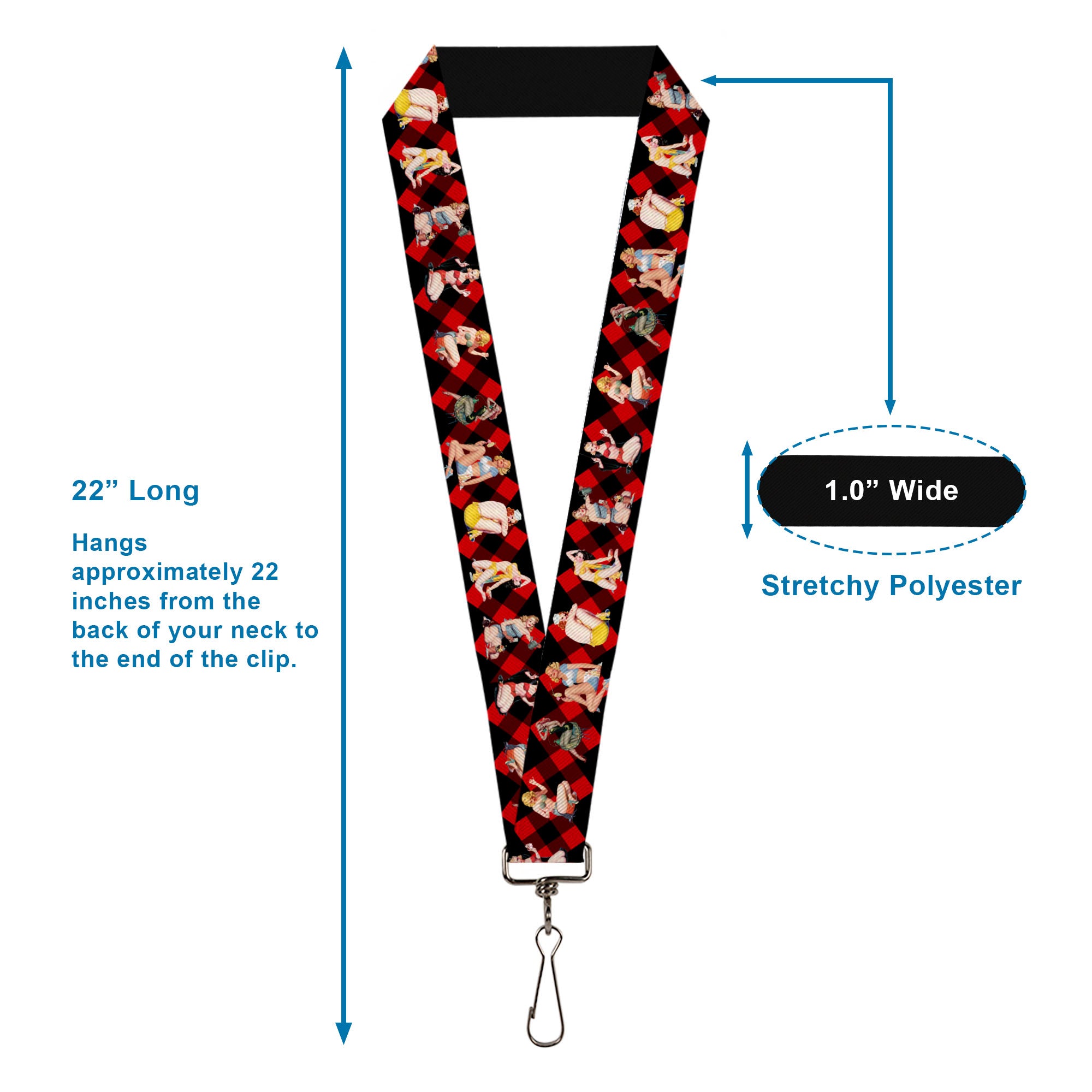 Lanyard - 1.0" - Pin Up Girl Poses Buffalo Plaid Blocks Black Red Lanyards Buckle-Down