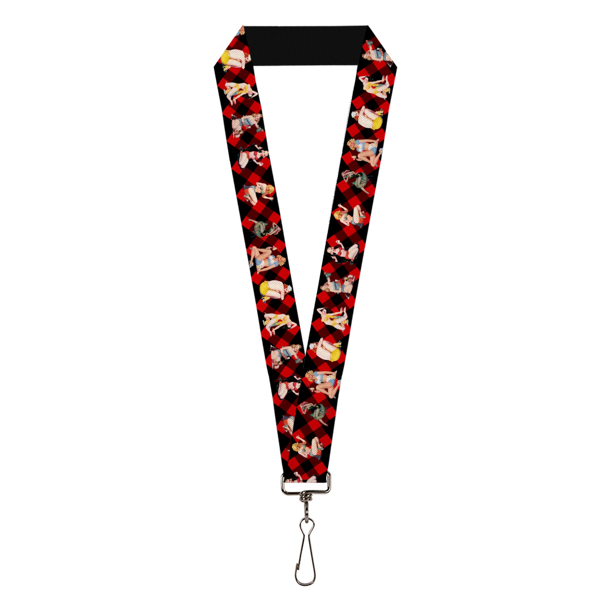 Lanyard - 1.0" - Pin Up Girl Poses Buffalo Plaid Blocks Black Red Lanyards Buckle-Down