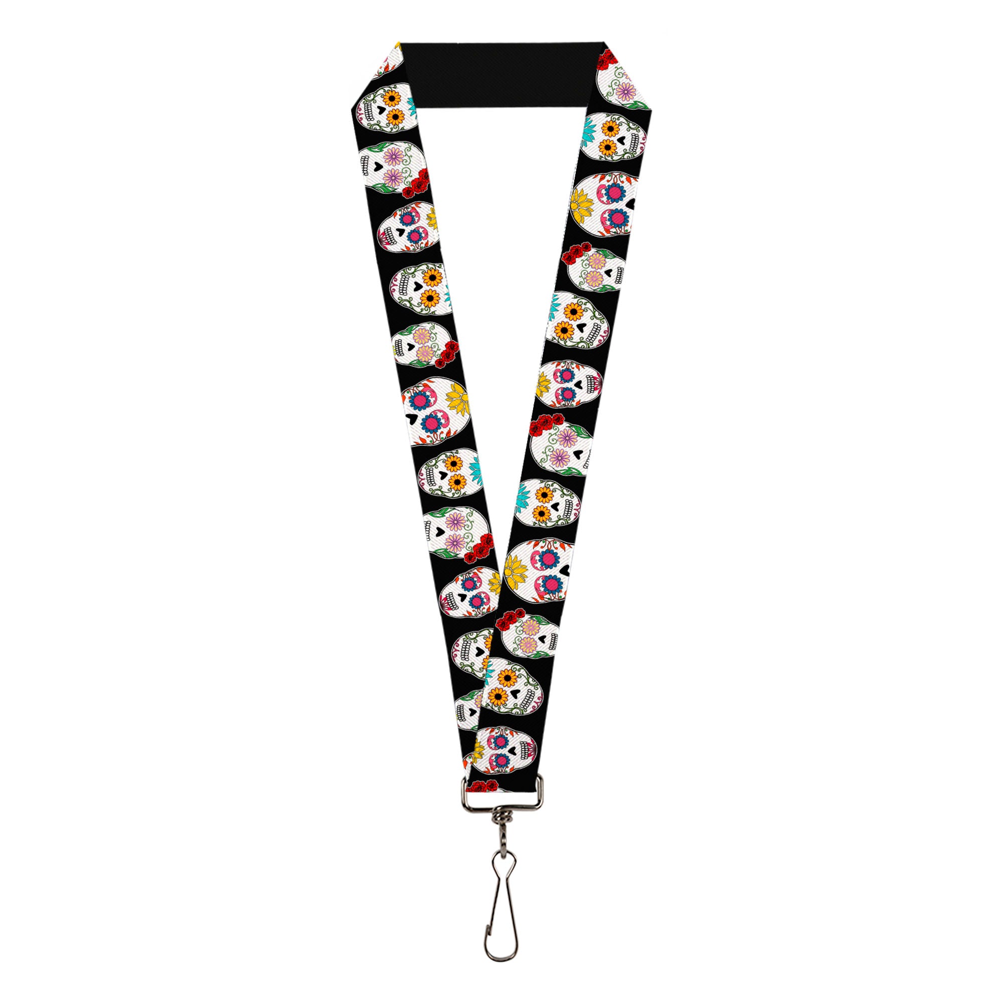 Lanyard - 1.0" - Sugar Skull Outline Black Multi Color Lanyards Buckle-Down