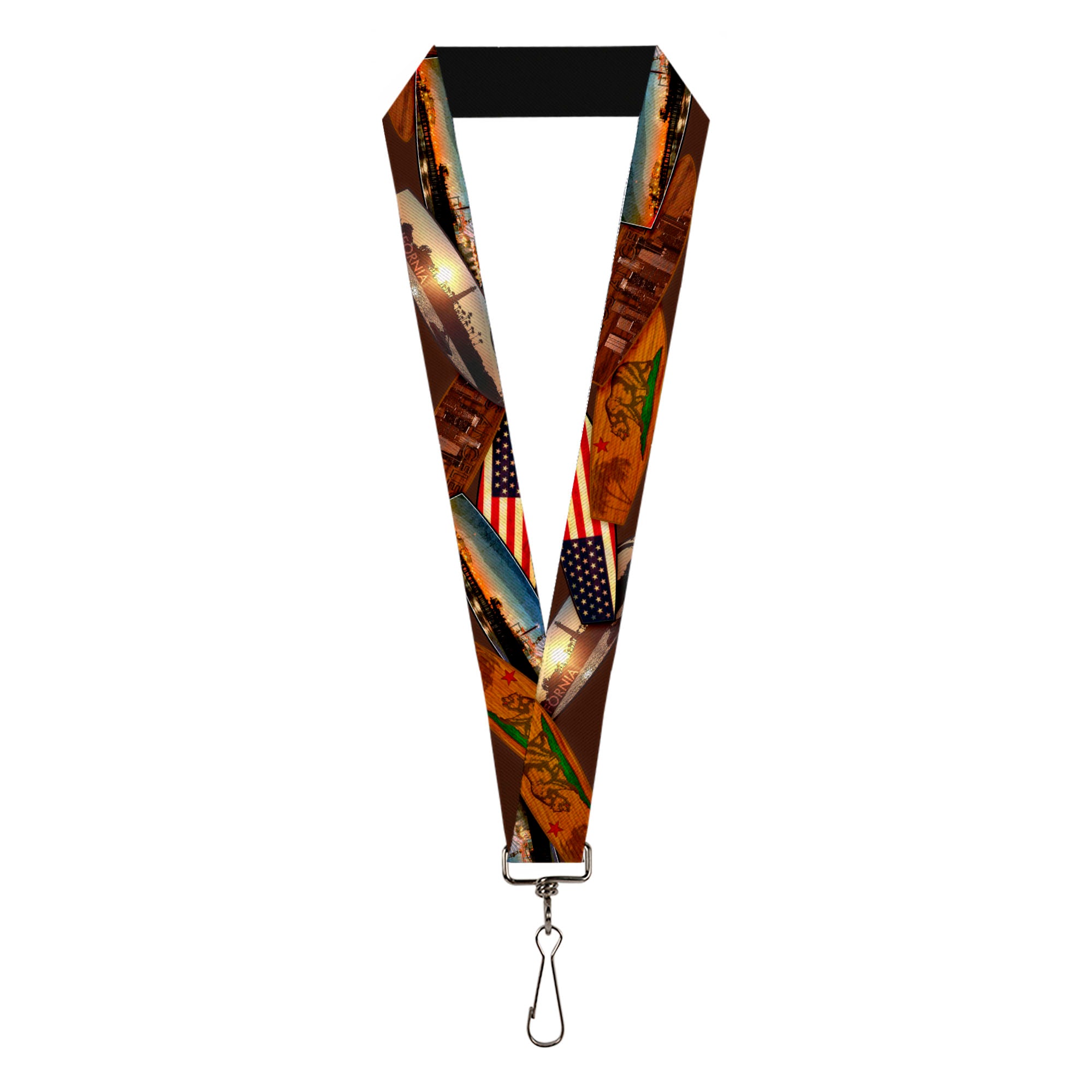 Lanyard - 1.0" - Surfboard Cali Scenes US Flag Stacked Brown Lanyards Buckle-Down