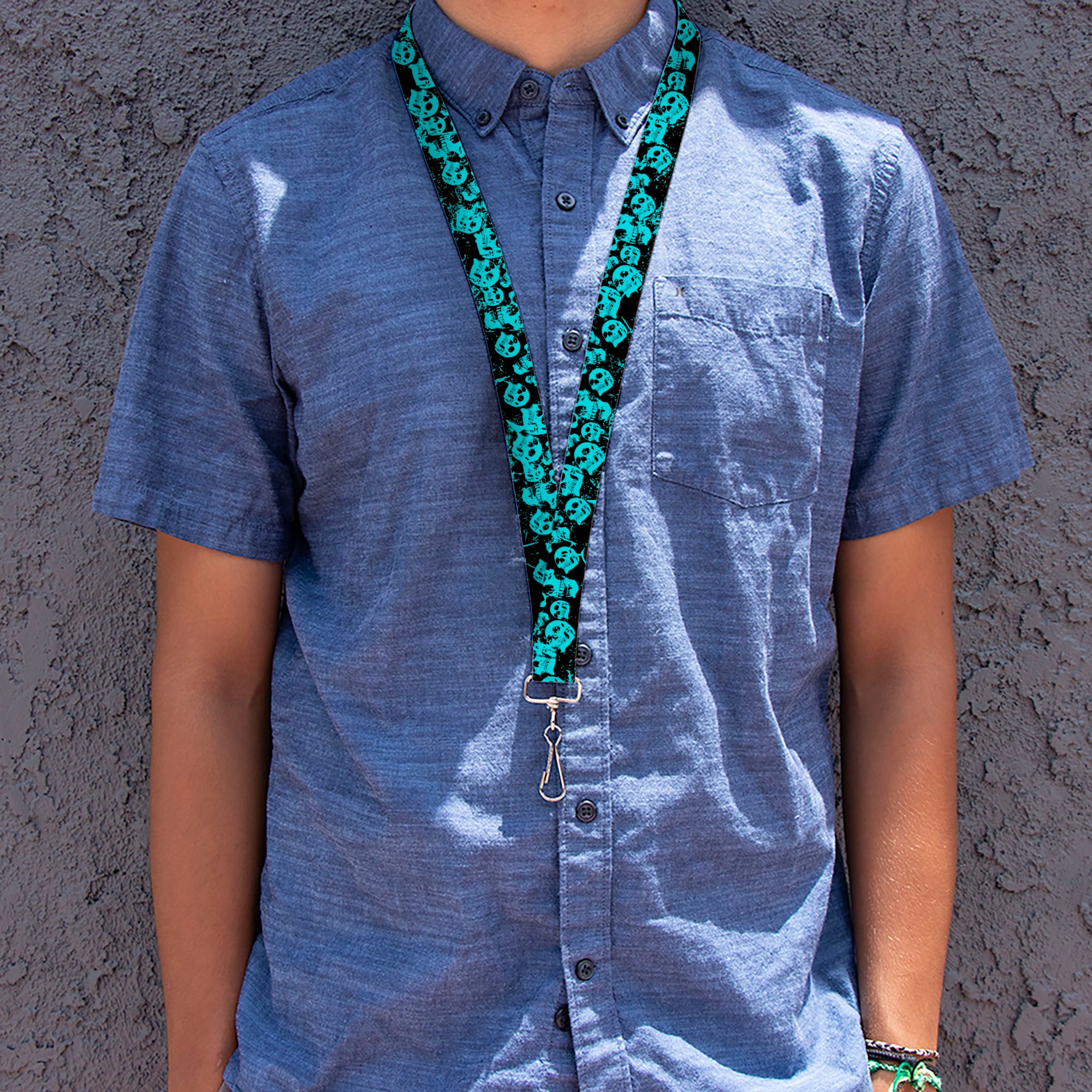 Lanyard - 1.0" - Skulls Stacked Weathered Black Teal Lanyards Buckle-Down