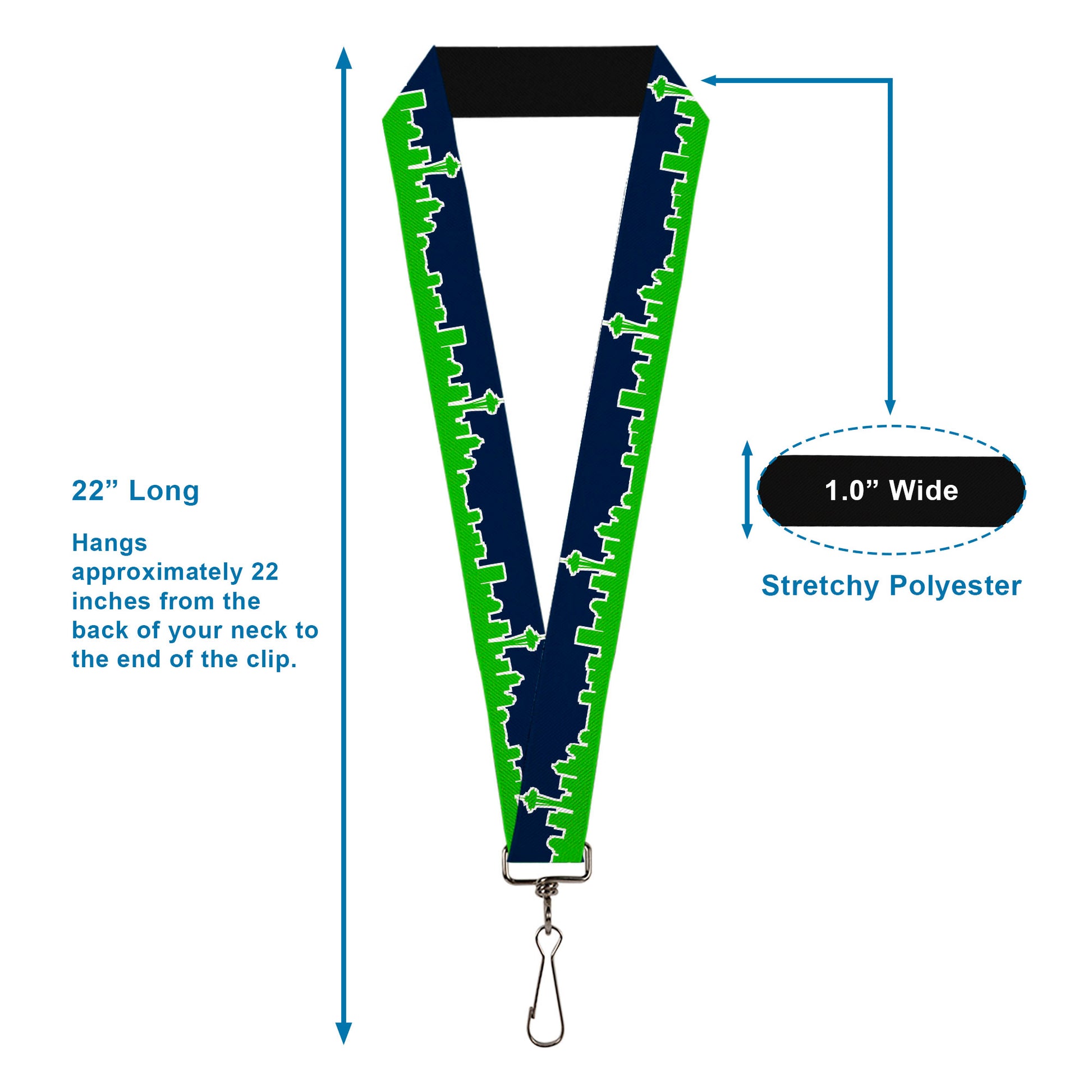 Lanyard - 1.0" - Seattle Skyline Navy Lime Green Lanyards Buckle-Down