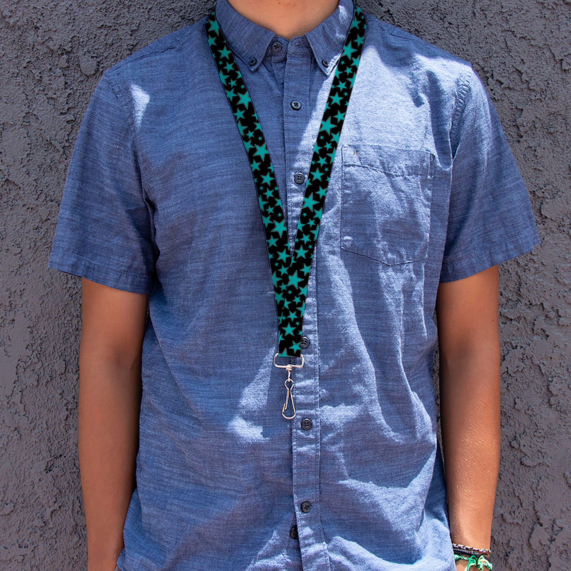 Lanyard - 1.0" - Stars Multi Stars Black Turquoise Lanyards Buckle-Down