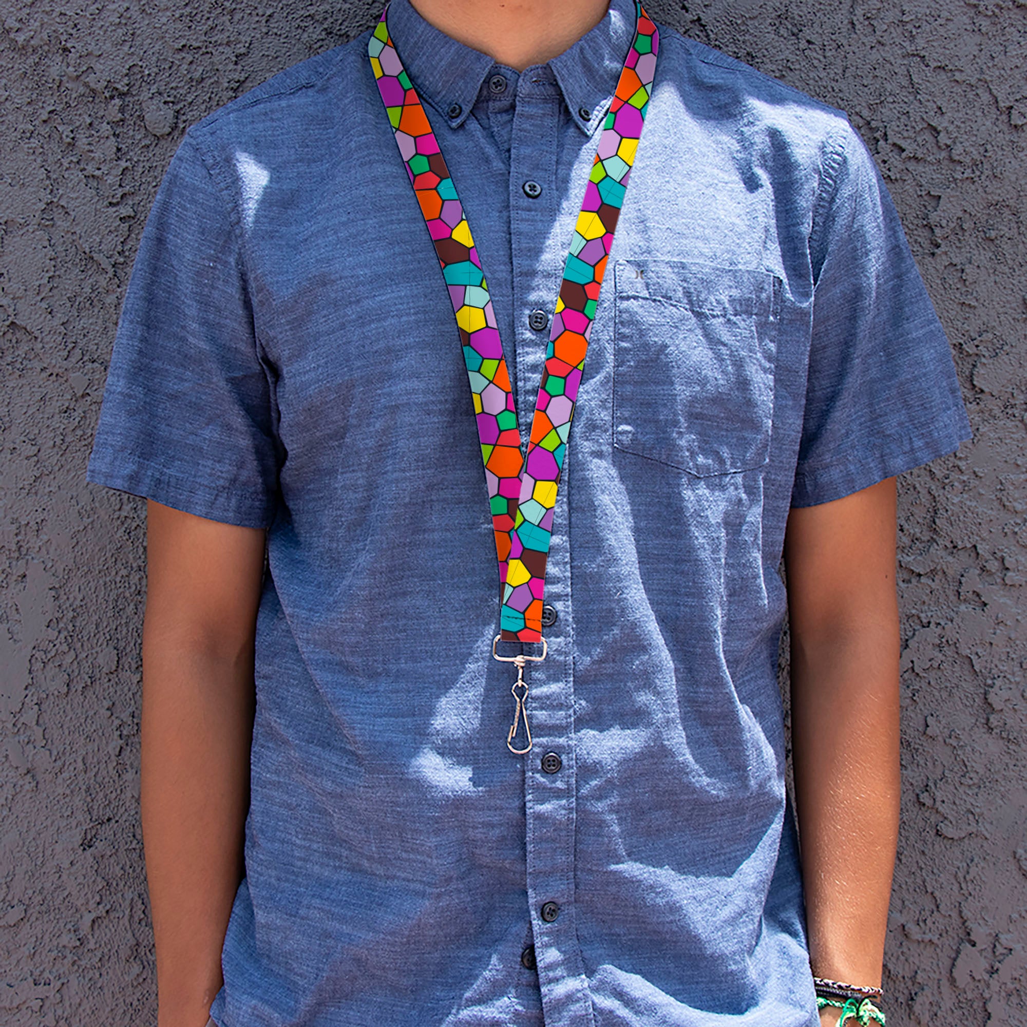 Lanyard - 1.0" - Stained Glass Mosaic2 Multi Color Navy Lanyards Buckle-Down