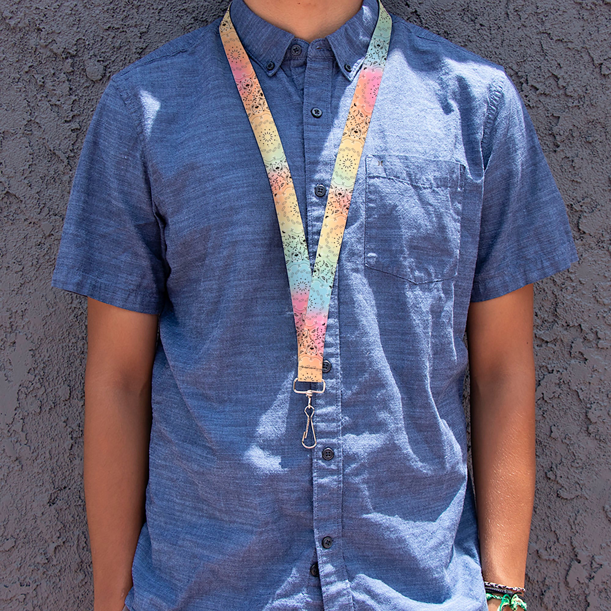 Lanyard - 1.0" - Bandana Paisley Ombre Pastel Black Lanyards Buckle-Down