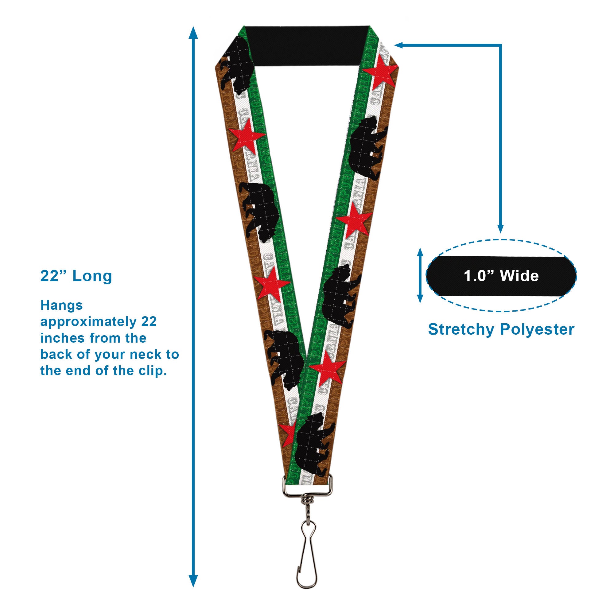 Lanyard - 1.0" - Cali Bear Silhouette & Star CALIFORNIA REPUBLIC Green White Brown Black Red Lanyards Buckle-Down